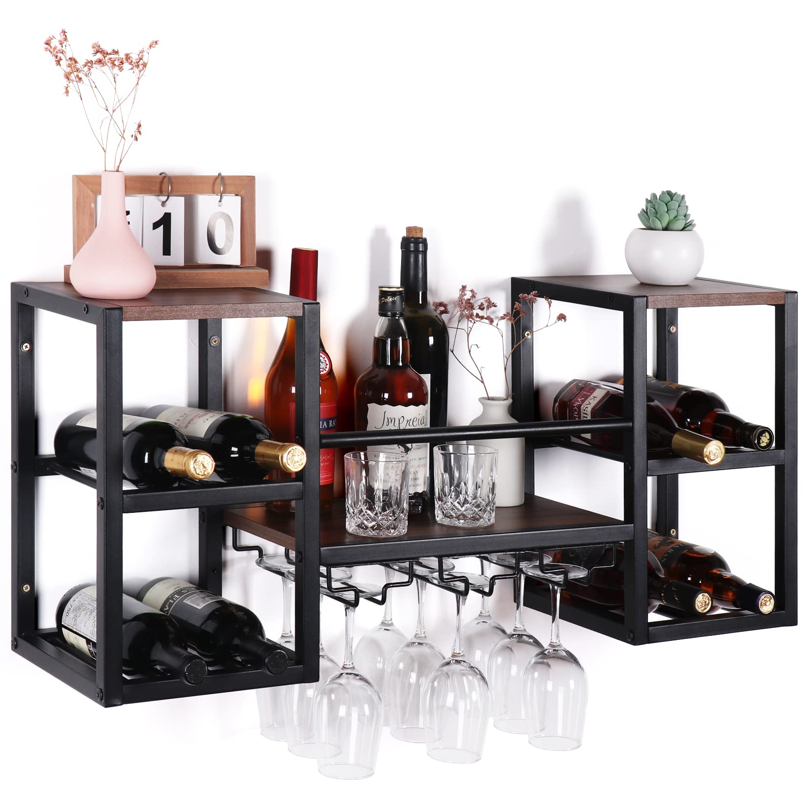 Wall Mounted Wine Rack with 3 Glass Holders - Floating Liquor Bottle Shelf for Home Bar, Kitchen & Dining Room - Perfect for Wine Storage & Stemware Display in Small Spaces