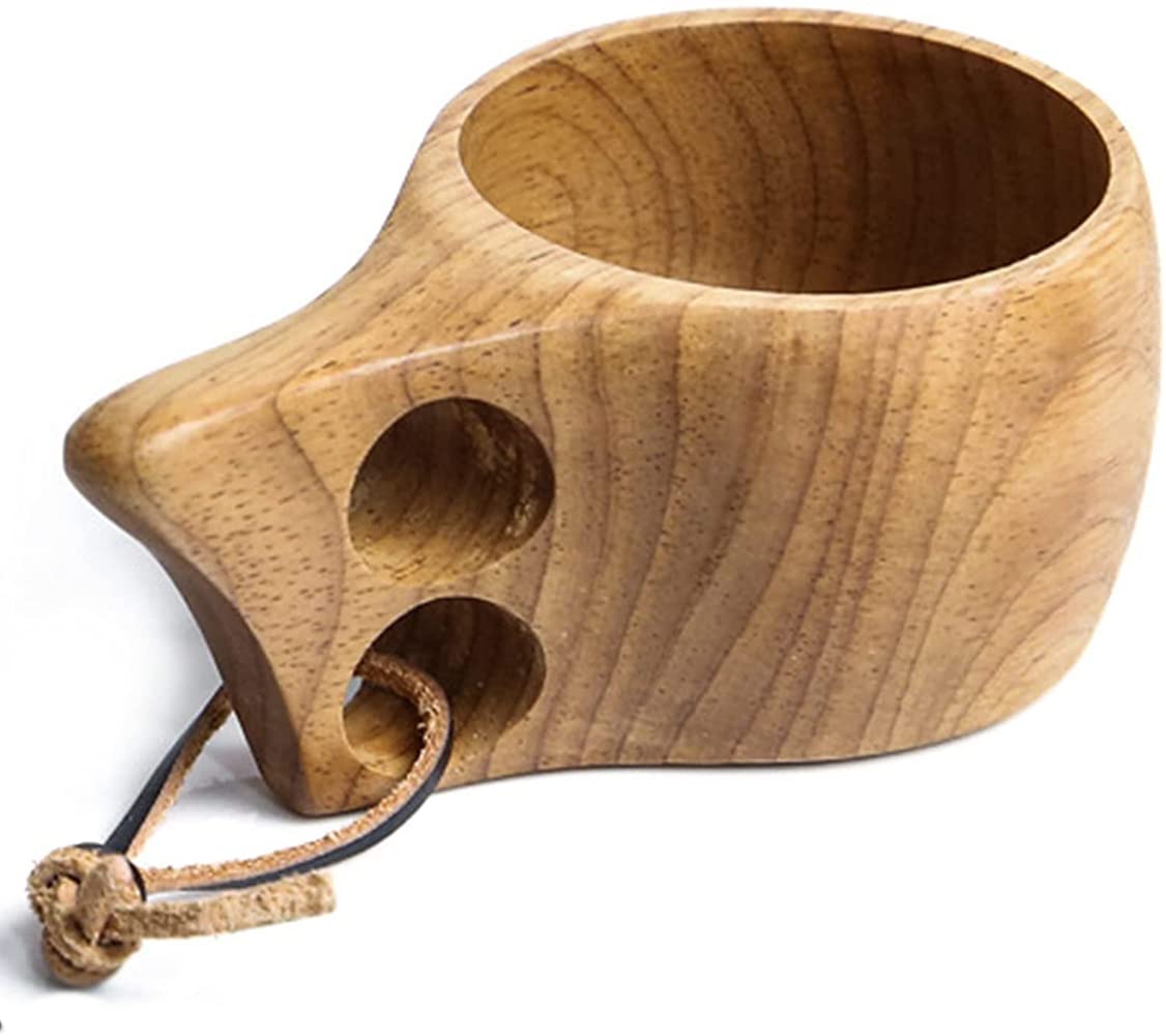 Handmade Wooden Mug - Portable Lightweight Camping Cup with Leather Lanyard for Coffee, Tea & Milk | Perfect for Outdoor Adventures, Picnics & Travel