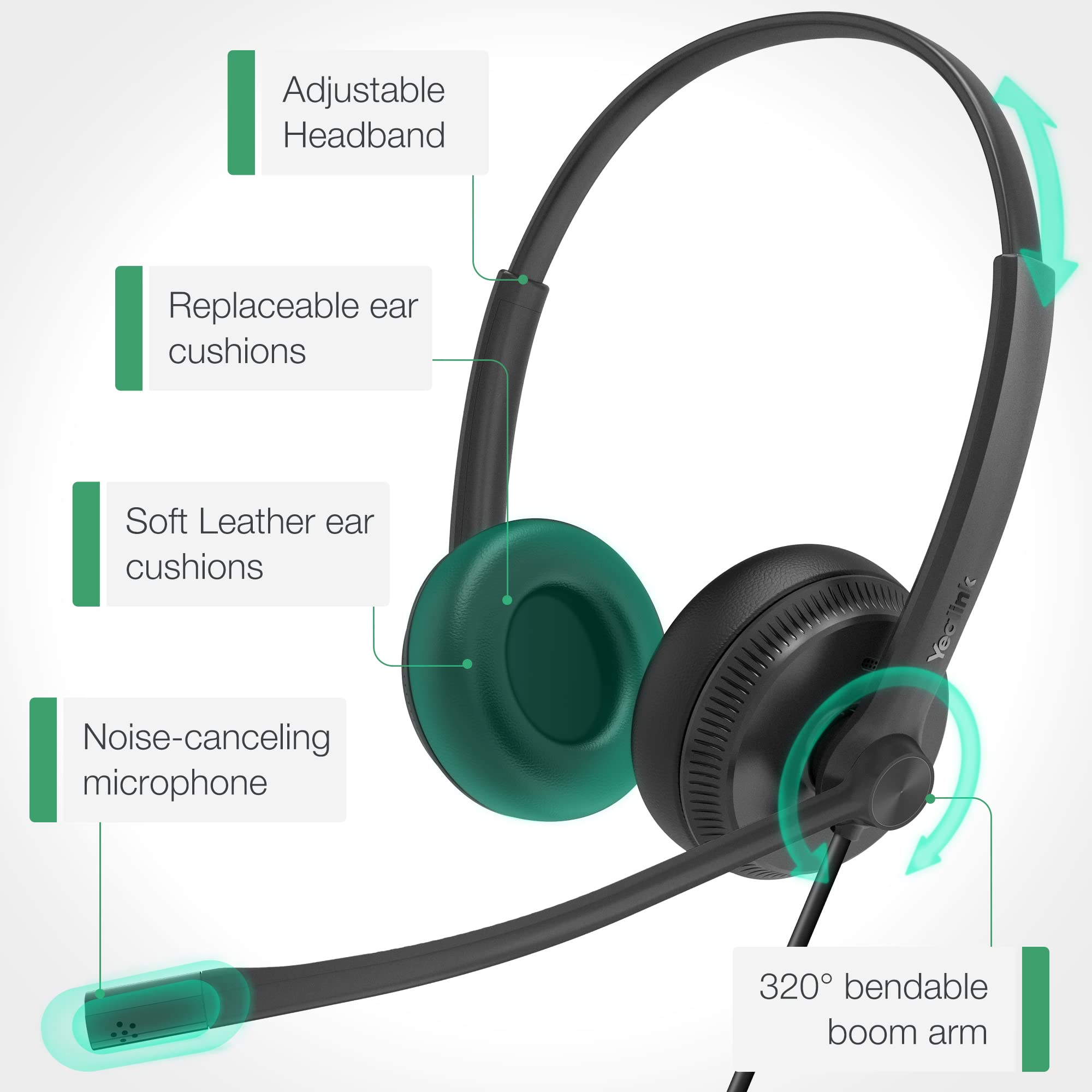 Yealink UH34 USB Headset with Noise Cancelling Microphone - Certified for Teams & Zoom - Lightweight 118g Wired Computer Headset with Soft Ear Cushions & Teams Button - Perfect for Remote Work, Online Meetings & Call Centers