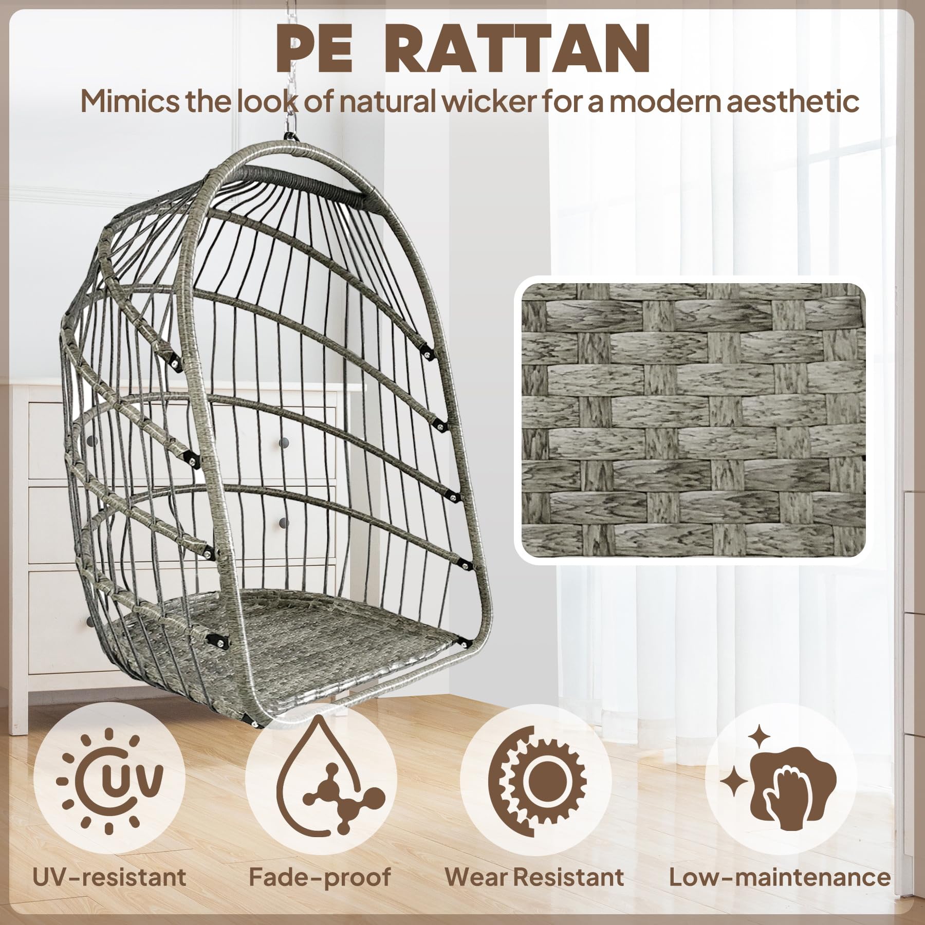 Chihee Foldable Wicker Egg Hanging Chair - Indoor Outdoor Rattan Swing Chair with Stainless Steel Hanging Kit & UV-Resistant Cushion - Perfect for Patio, Balcony, Bedroom, and Garden Relaxation
