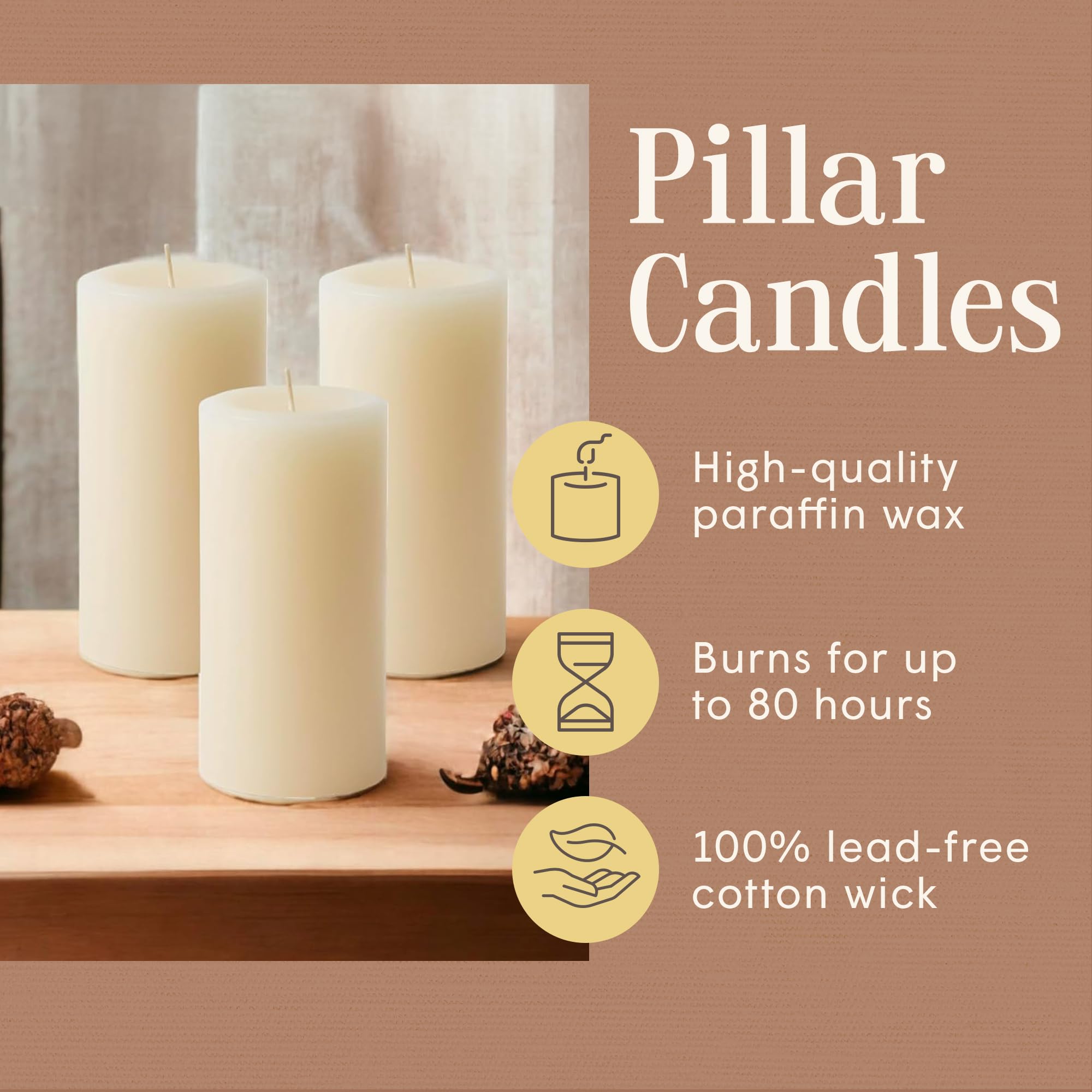 Premium Handmade Vanilla Scented Pillar Candles Set of 3 - Dripless, Essential Oil Infused, 80-Hour Burn Time (3x6 inch) for Home Decor, Wedding Centerpieces & Relaxing Aromatherapy