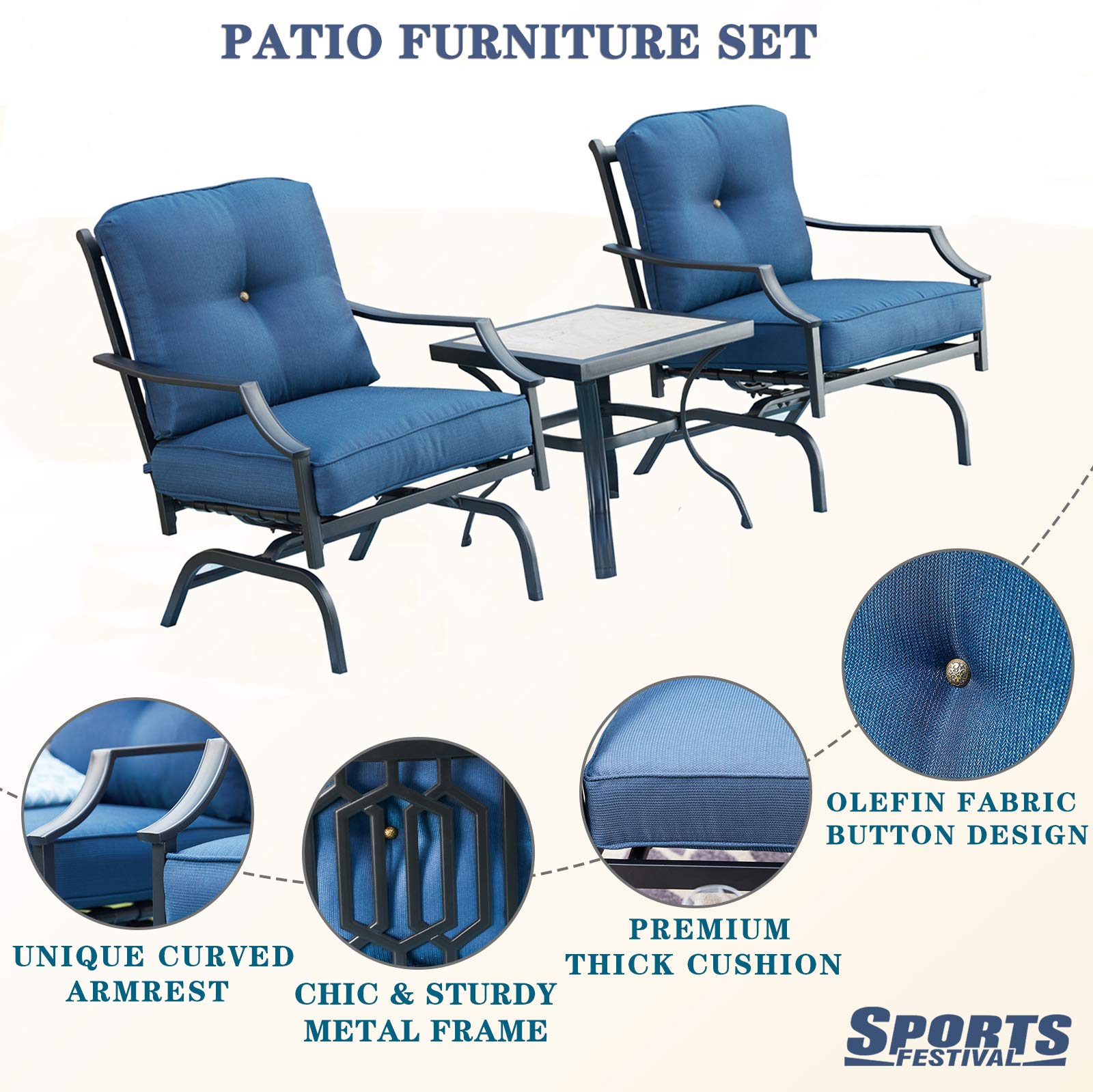 Outdoor Patio Bistro Set - 2 Metal Frame Armchairs with Thick Cushions & Side Table - Blue Garden Furniture for Balcony, Porch, Backyard - Perfect for Relaxing, Dining & Entertaining Outdoors