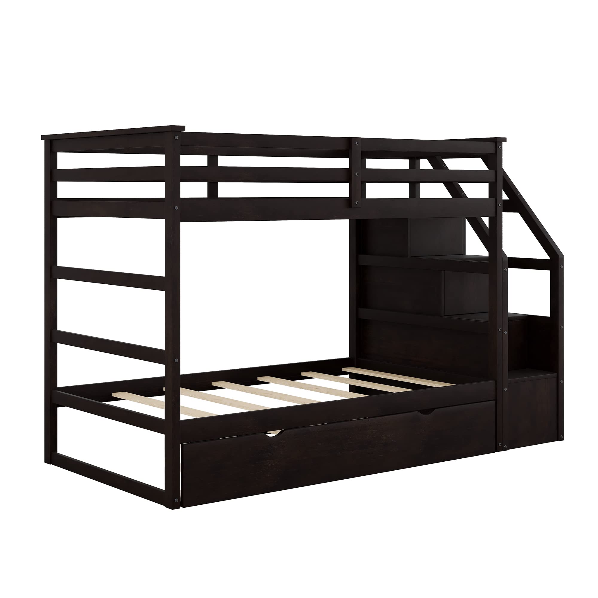 Twin Over Twin Bunk Bed with Trundle & 3-Storage Stairs - Wooden Bunk Bed Frame with Safety Rails, Storage Drawers for Kids, Teens & Guest Rooms - Space Saving Bedroom Furniture (Espresso Finish) - Perfect for Small Rooms, Sleepovers & Vacation Homes