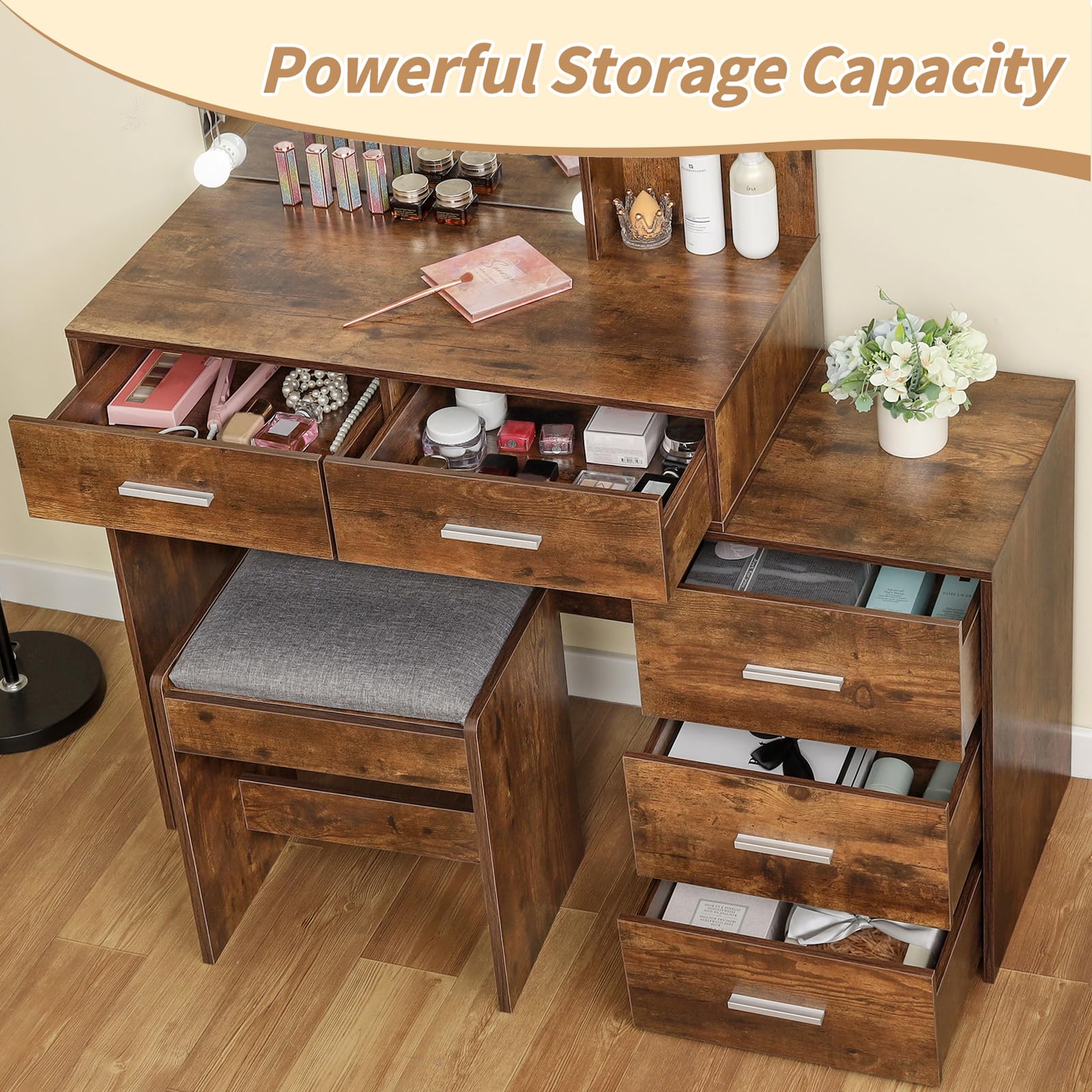 USIKEY 43.5 Inch Large Makeup Vanity Desk with LED Lights & Mirror - 5 Drawers Vanity Table Set with Storage Shelves & Stool for Women & Girls (Rustic Brown) - Perfect for Bedroom, Dressing Room & Beauty Salon