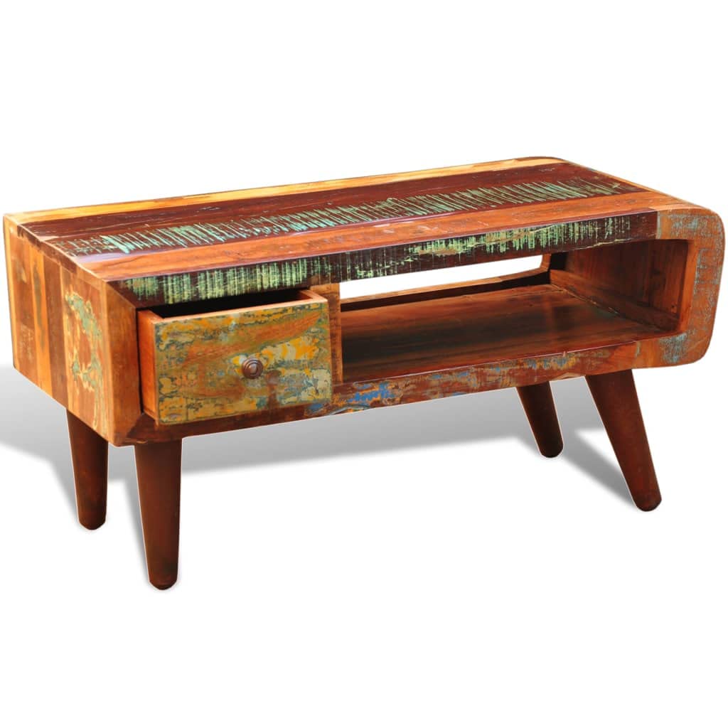 Rustic Reclaimed Wood Coffee Table with Curved Edge & Drawer - Perfect for Living Room, Lounge, and Cozy Home Decor