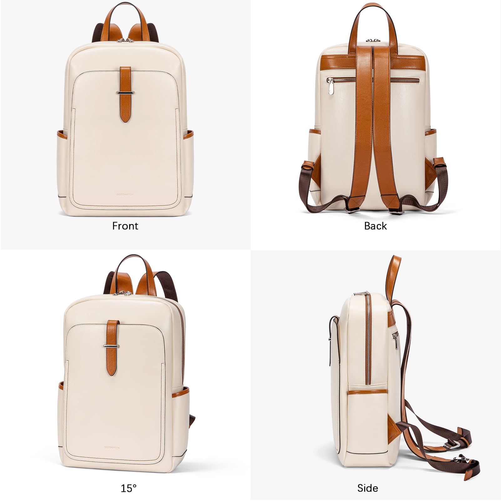 BOSTANTEN Women's Leather Laptop Backpack 15.6 Inch - Stylish College Work Travel Bag for Women, Beige-White - Perfect for Office, School & Business Trips