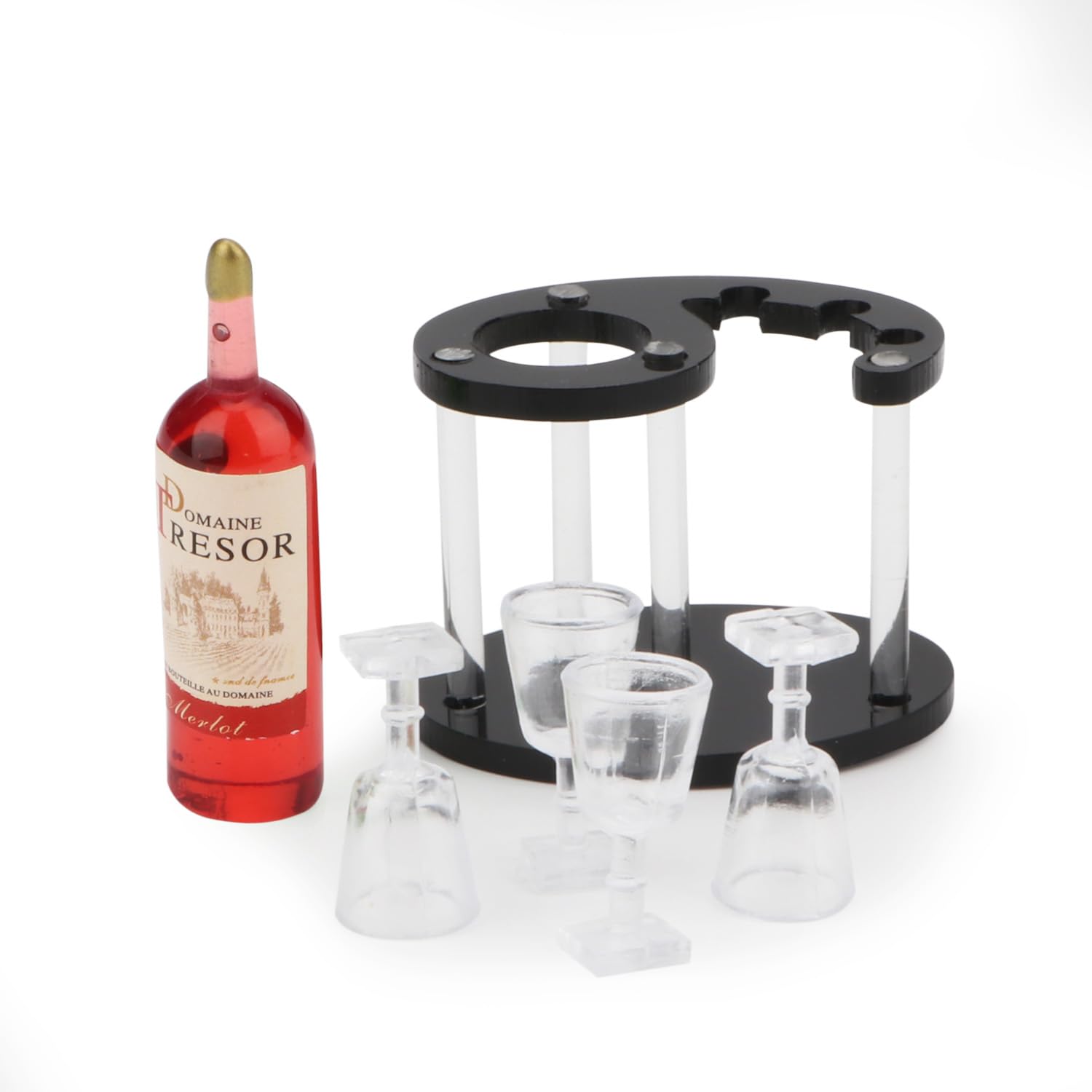 Miniature Wine Glasses, Bottle & Spiral Rack Set - Dollhouse Bar Accessories, Kitchen Decor, Tabletop Display Holder (Red Bottle) - Perfect for Dollhouse Miniatures, DIY Crafts, and Collectible Displays