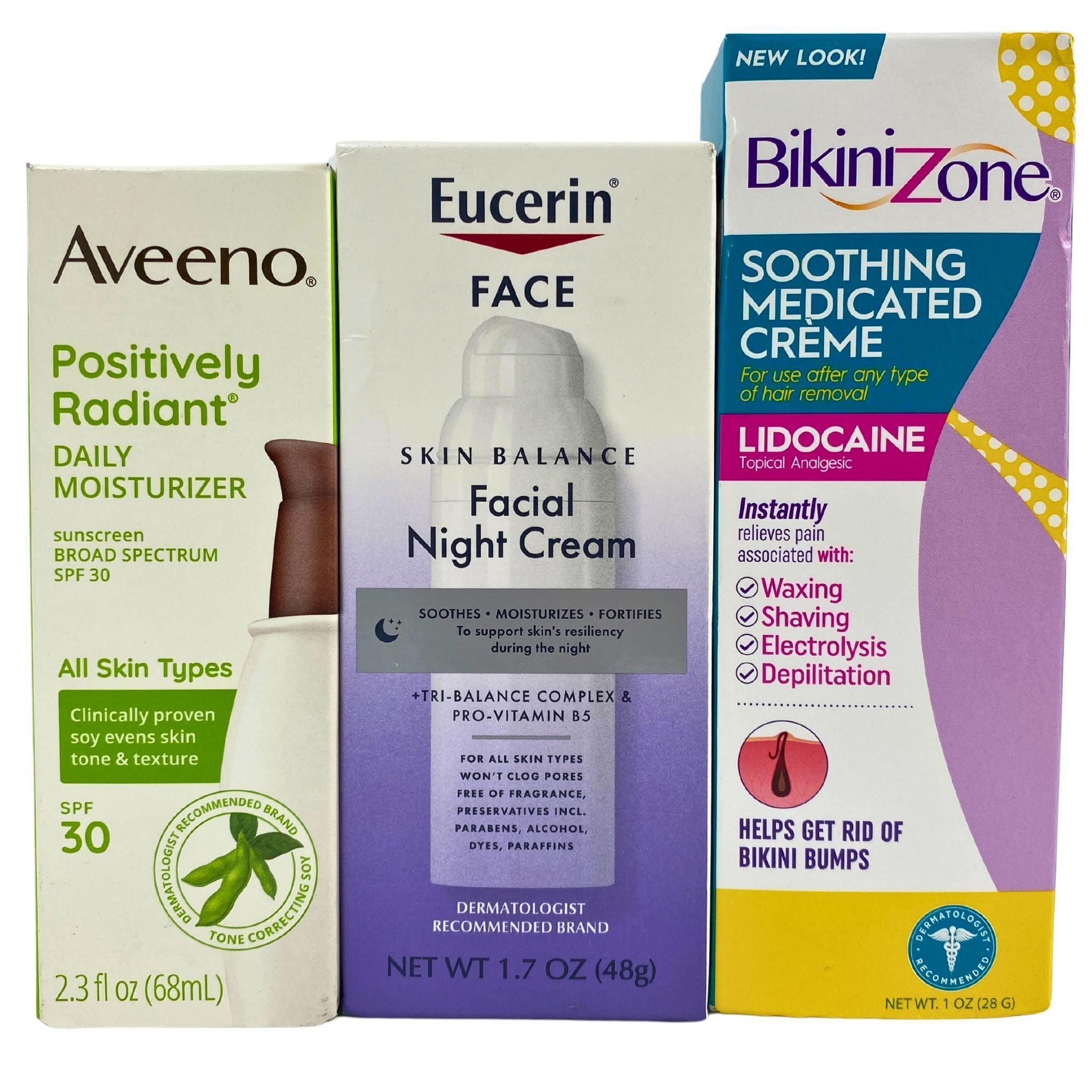 Eucerin, Bikini Zone & Aveeno Skincare Bundle - 35 Piece Assorted Lot for Women's Daily Care & Post-Shave Soothing | Perfect for Travel, Gym & Home Use