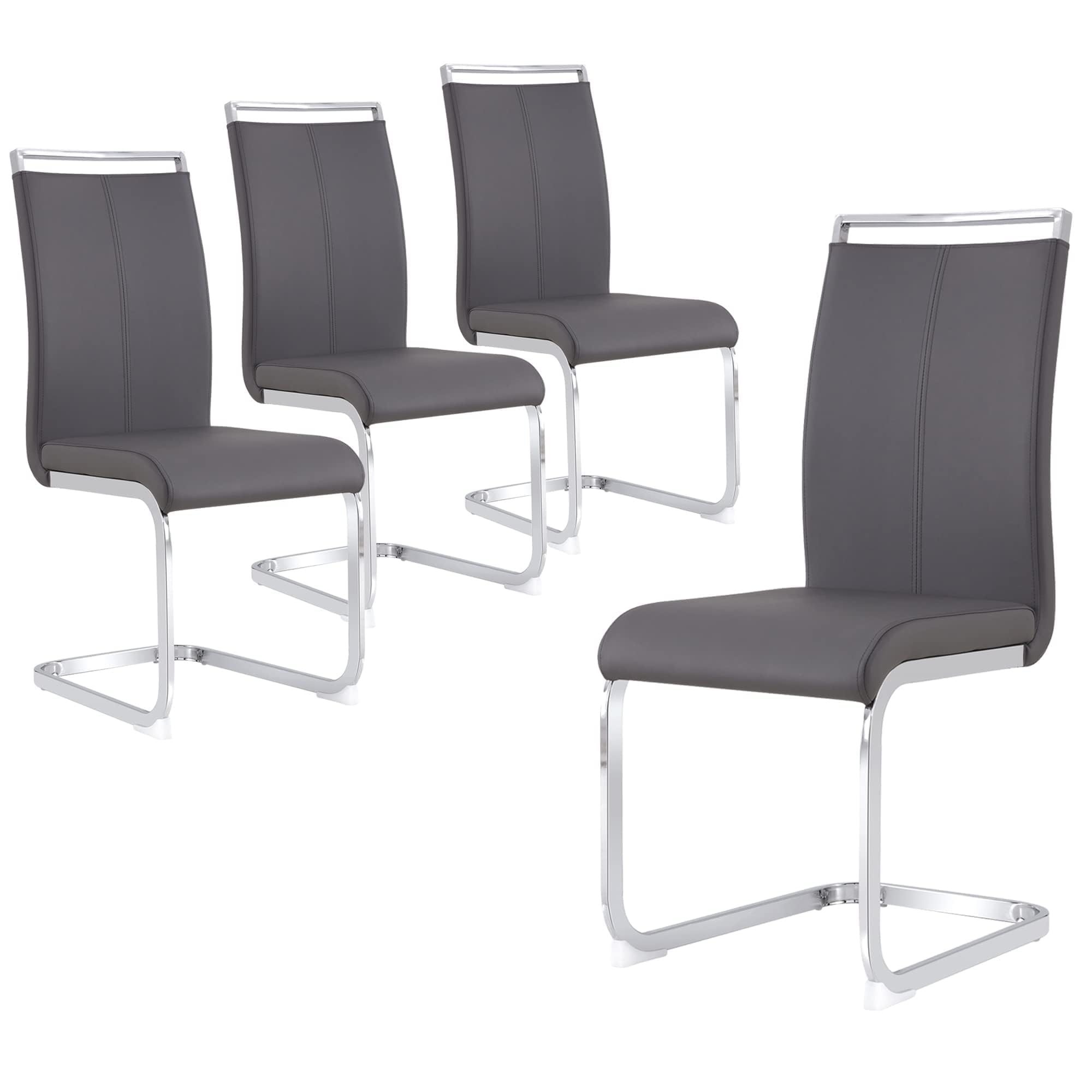 Modern Metal Dining Chairs Set of 4 - High Back Faux Leather Padded Kitchen Chairs with Sturdy Chrome Legs for Dining Room (Grey) - Perfect for Home, Restaurant & Office Use