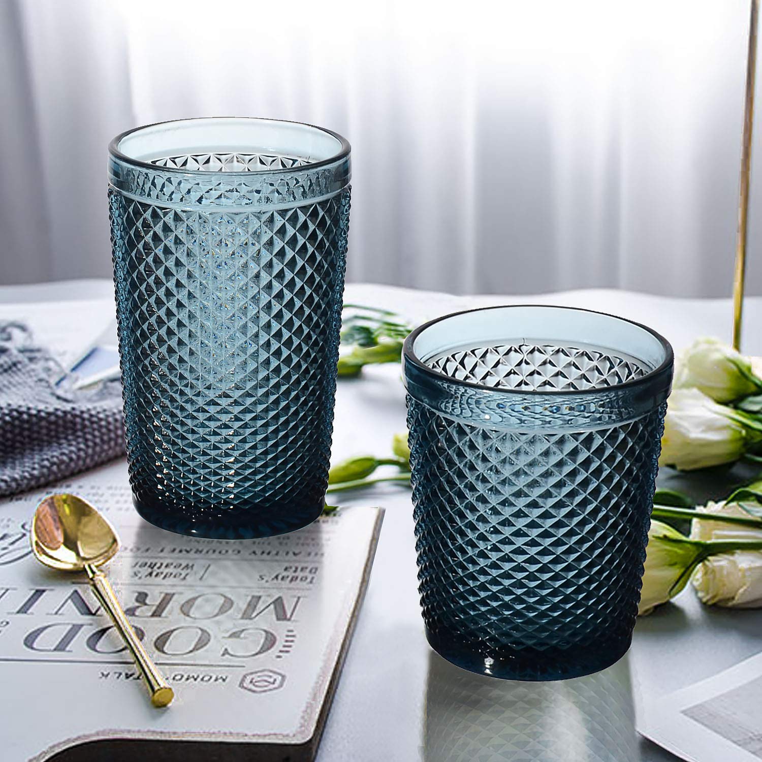 Vintage Studded Highball Tumbler Glasses - Set of 6 (13oz) for Iced Tea, Cocktails & Beverages - Perfect for Home Bars, Parties & Restaurants