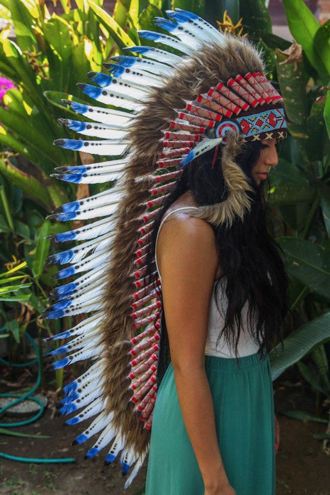 OMA Indian Inspired Headdress - Native American Style Feather Headdress Warrior Bonnet for Adults - XL Size for Festivals, Cosplay, Halloween & Cultural Events