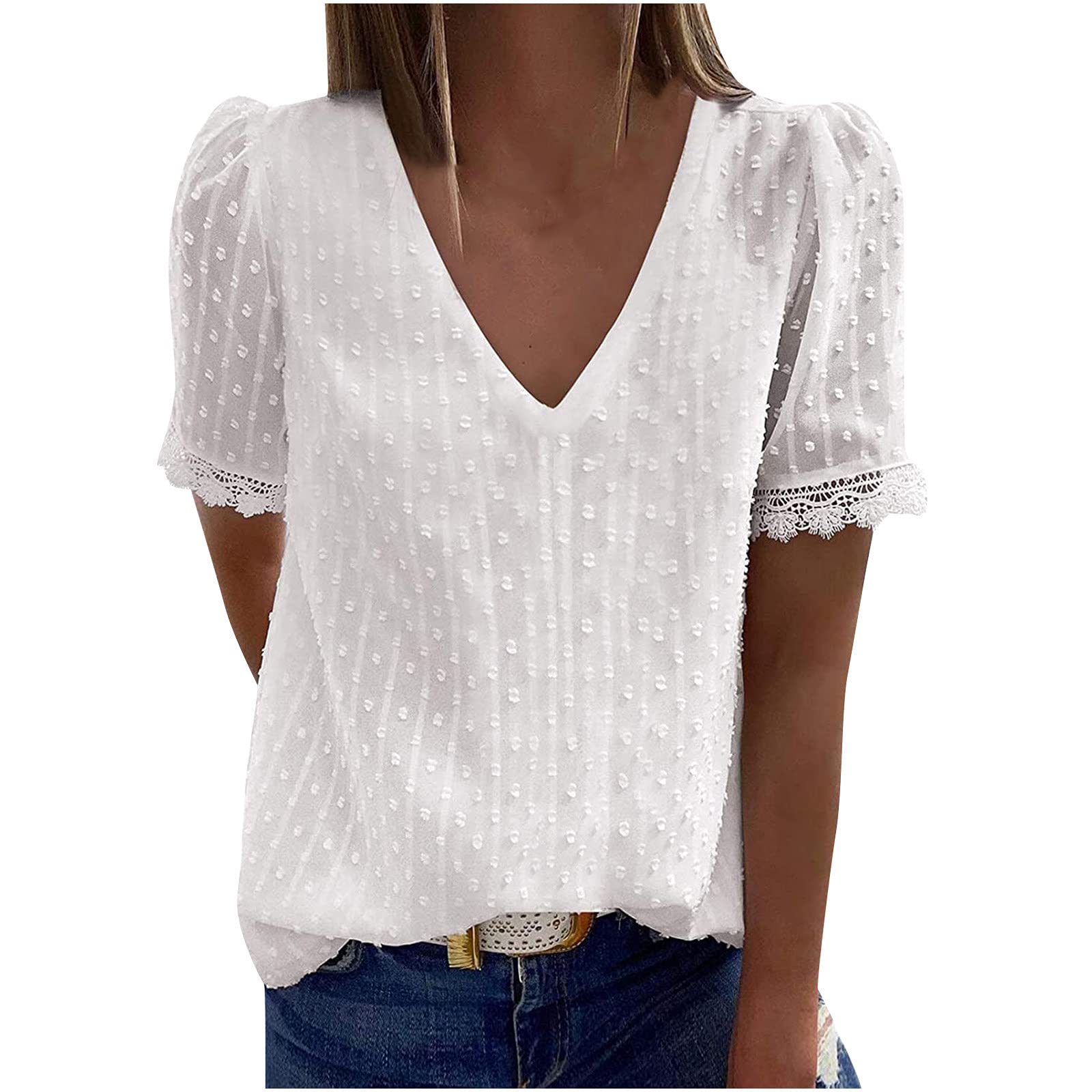 Elegant Women's Jacquard Pom Pom Blouse - Short Sleeve V-Neck Tunic Top for Casual & Dressy Occasions | Perfect for Office, Parties & Date Nights