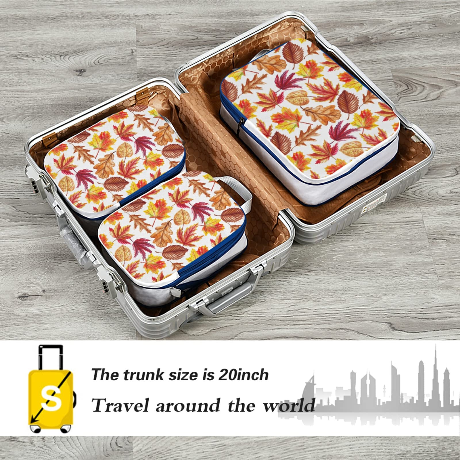 Watercolor Autumn Leaves Orange Red Falling Leaves on White 3-Piece Expandable Luggage Packing Cubes Set - Ultralight Travel Organizer for Suitcase, Compressible Packing Bags - Perfect for Vacation, Business Trips & Airplane Travel