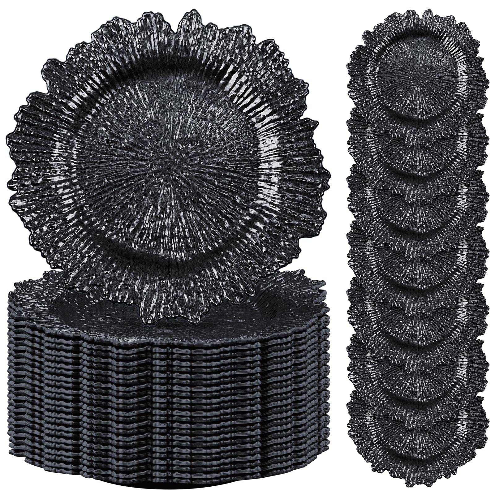 50 Pcs 13 Inch Black Plastic Wedding Charger Plates with Floral Reef Design - Decorative Round Ruffled Rim Dinner Plates for Wedding, Party, Event Table Setting - Elegant Tableware for Bridal Showers, Banquets & Formal Dining Decorations