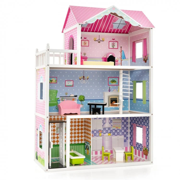 Pink Wooden Dollhouse with Functional Elevator & Rotating Staircase - Perfect for Kids' Pretend Play & Room Decor