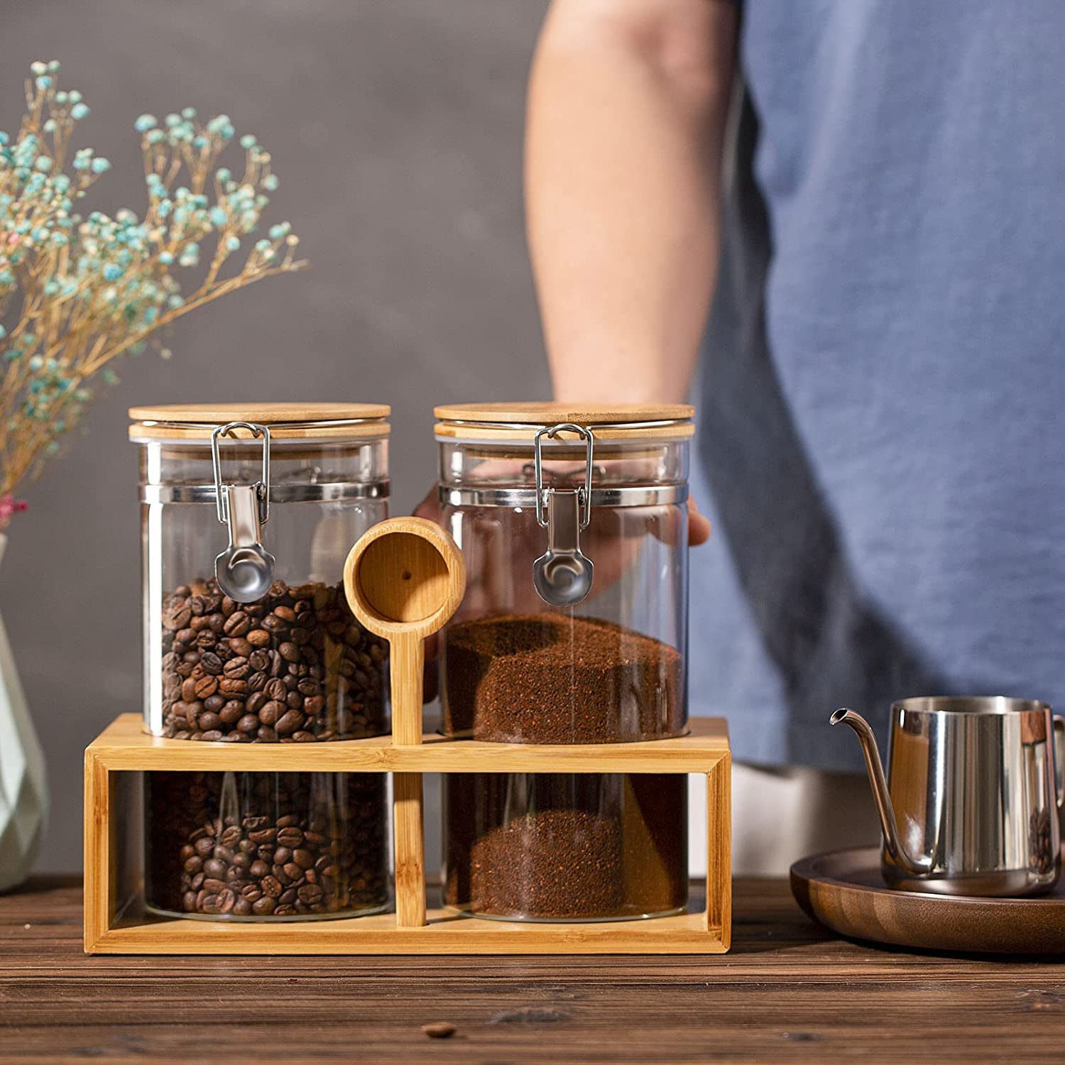 Yangbaga 45OZ Glass Coffee Canister Set of 2 - Airtight Ground Coffee Storage Containers with Scoop for Kitchen, Coffee Bar & Pantry Organization - Perfect for Coffee Station Decor & Food Storage