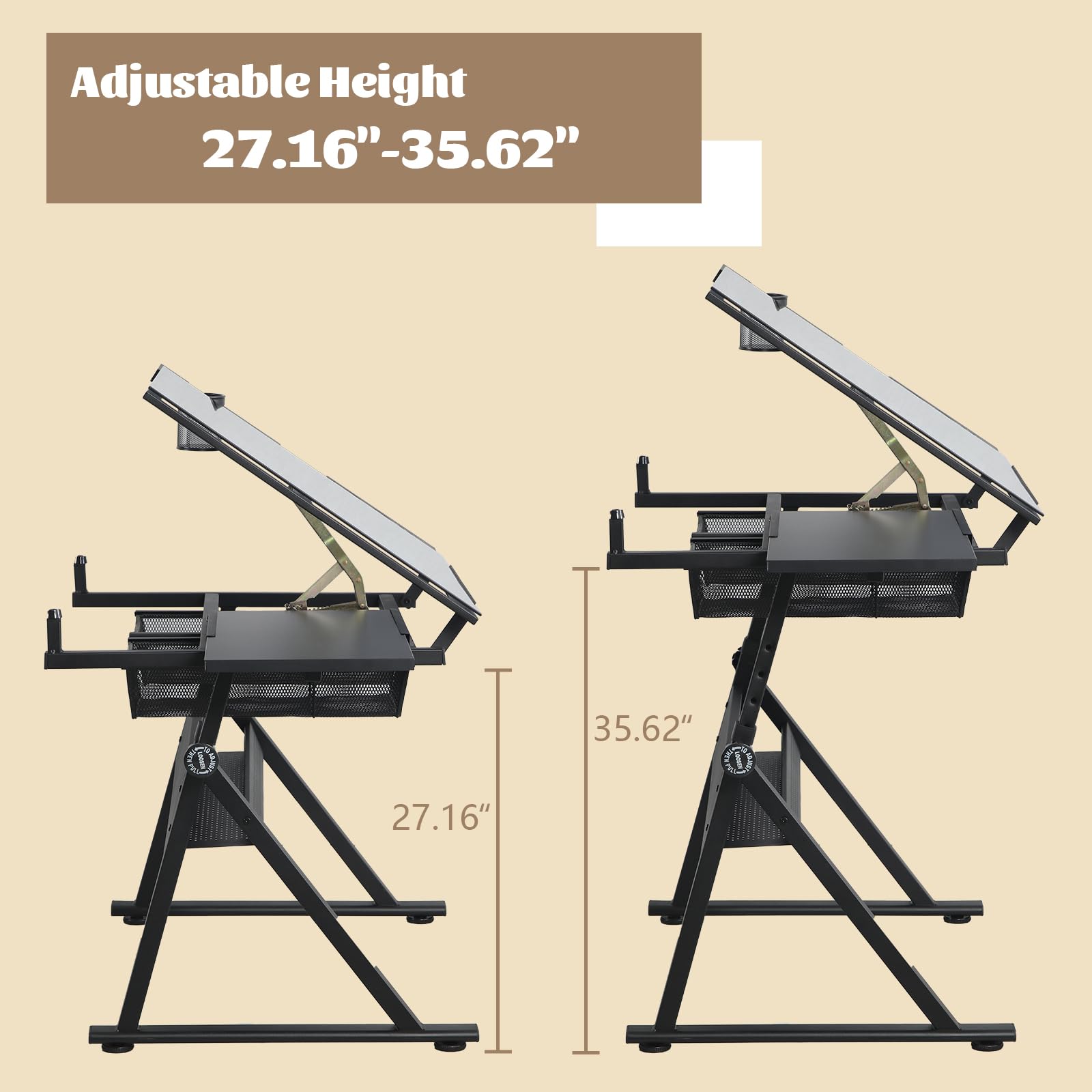 Adjustable Drafting Table with Stool - Tilting Tempered Glass Top Art Desk for Painting & Crafting, 2 Storage Drawers, Height Adjustable (Black) - Perfect for Artists, Architects & DIY Projects in Home Studio or Office