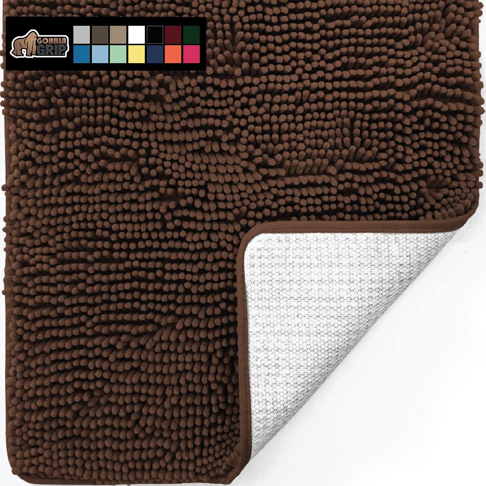 Premium Gorilla Grip Bath Rug - 70x24 Inch Super Soft Chenille Bath Mat with Non-Slip Rubber Backing | Ultra Absorbent & Quick-Drying Microfiber | Machine Washable Shaggy Bathroom Rug for Bathtub & Shower Floor (Brown) - Perfect for Bathroom Safety & Comfort