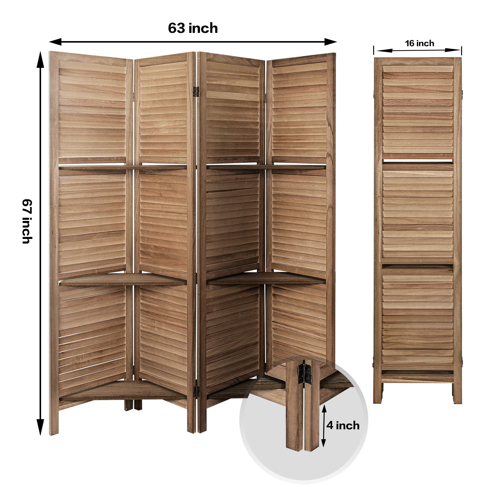 ECOMEX 4 Panel Folding Room Divider with 3 Removable Shelves - 5.6Ft Tall Privacy Screen Partition for Living Room, Bedroom & Office - Retro Brown Storage Organizer for Home Decor & Space Division