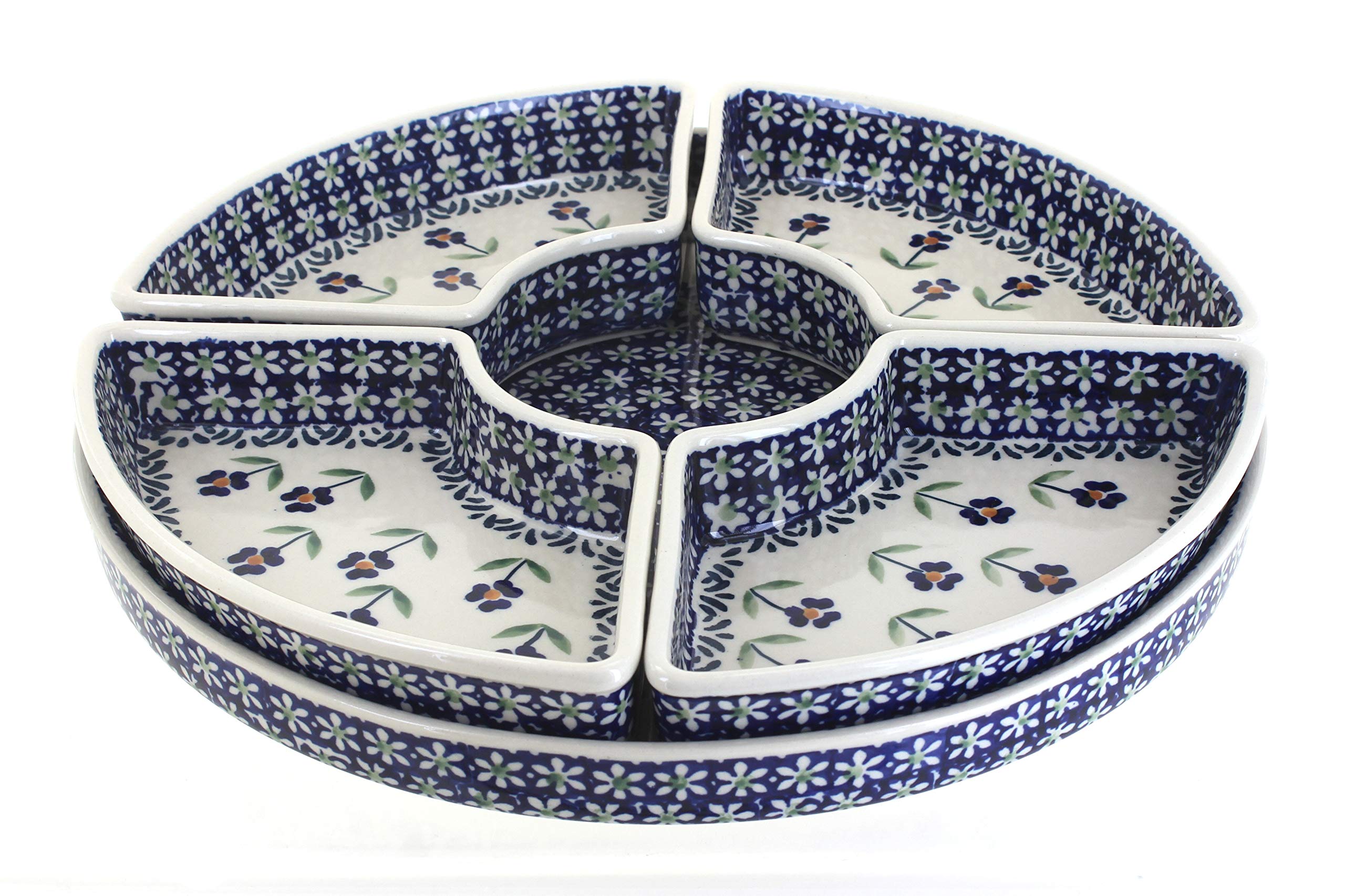 Blue Rose Polish Pottery Blue Daisy Tray with 4 Plates - Handmade Ceramic Serving Set for Tea, Desserts & Home Decor