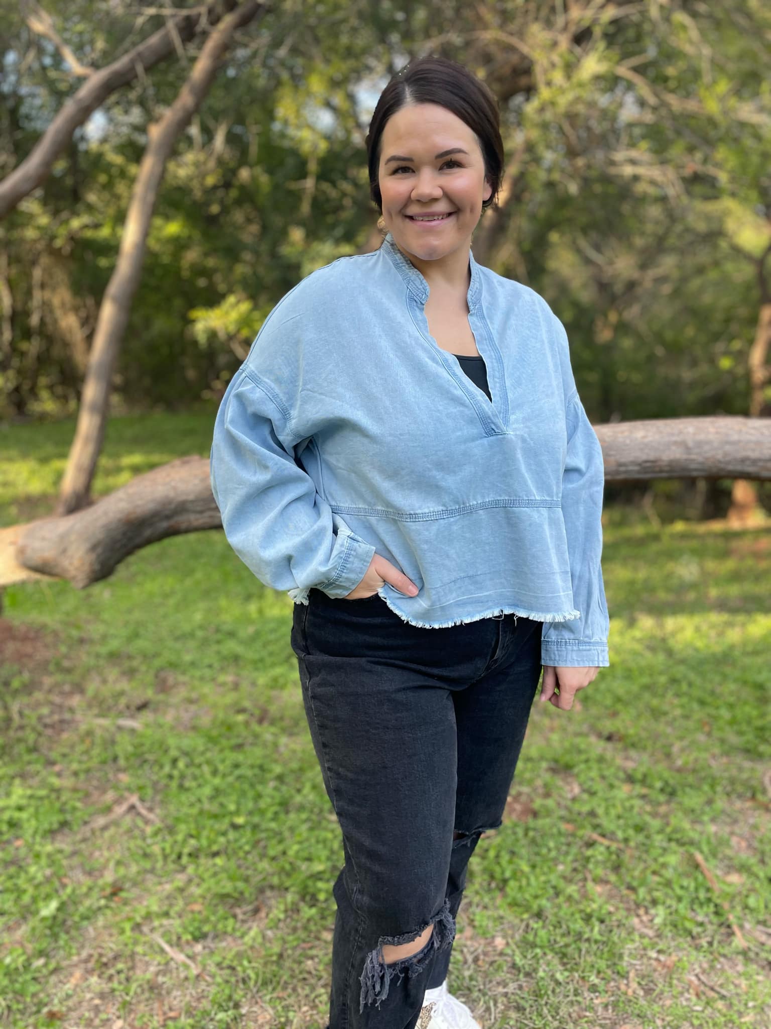 PREORDER: Dylan Denim Blouse for Women - Stylish Button Down Shirt with Long Sleeves - Perfect for Casual Outfits, Office Wear & Date Nights
