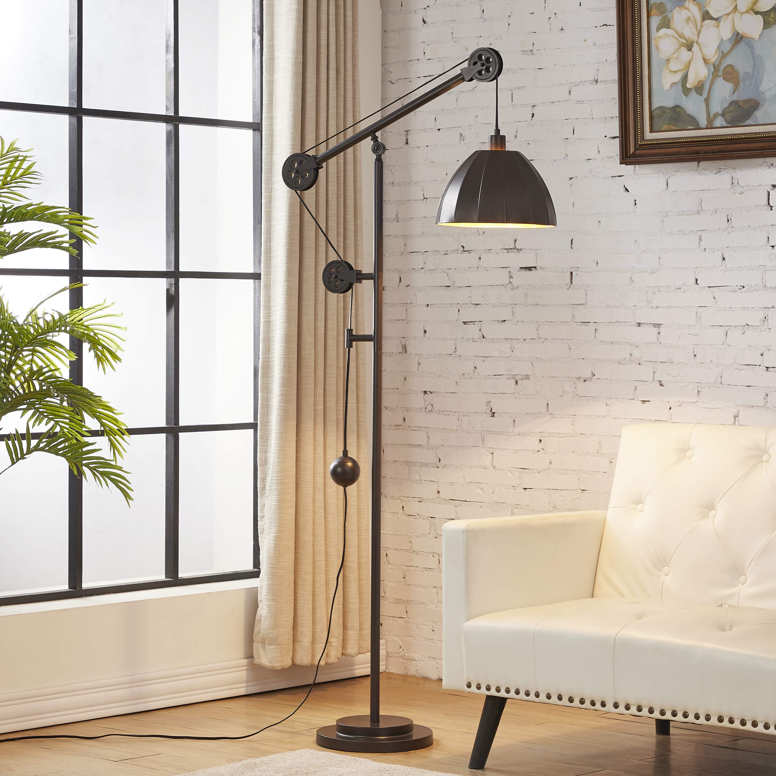 WOXXX Industrial Counterweight Pulley Floor Lamp - Adjustable Metal Shade, Rustic Deep Bronze Finish - Modern Standing Lamp for Living Room, Bedroom, Office & Reading - Farmhouse Style Tall Floor Light for Home Decor & Workspaces