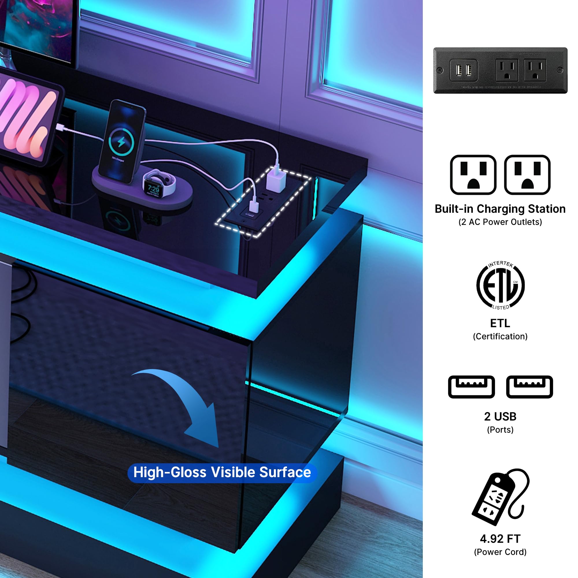 71IN Modern LED TV Stand with Power Outlet for 85/80/75 Inch TVs - High Glossy Gaming Entertainment Center with 2 Storage Cabinets & Dual LED Light Strips - Perfect for Living Room, Bedroom & Home Theater Setup (Black)