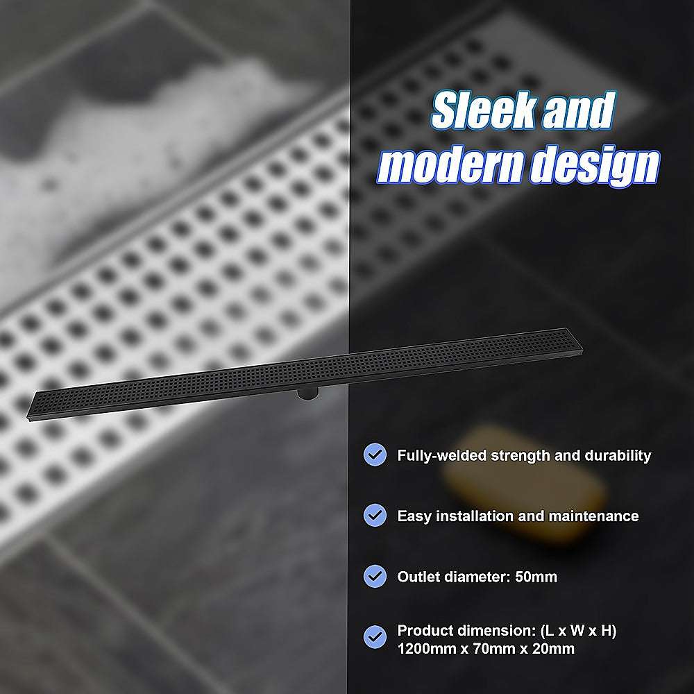 1200mm Black Square Pattern Bathroom Shower Drain Grate with Center Outlet - Durable Floor Waste for Modern Bathrooms, Showers & Wet Rooms (Waterproof & Anti-Slip Design)