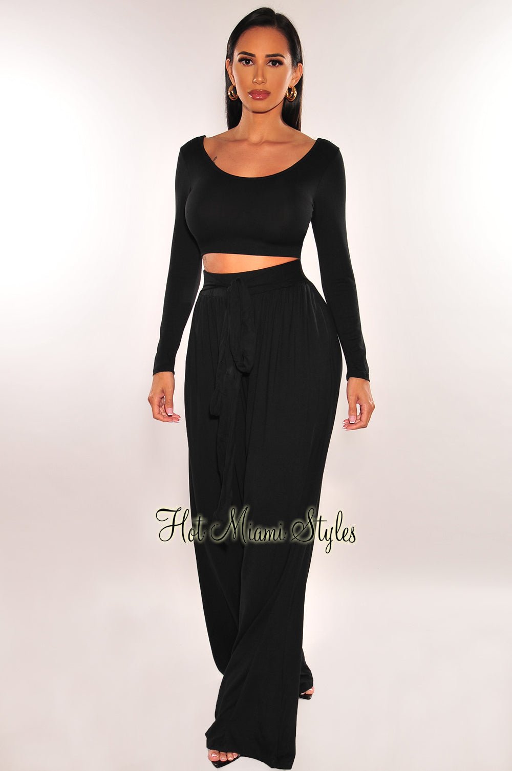 Stylish Black Round Neck Long Sleeve Palazzo Pant Two Piece Set for Women - Comfortable Lounge Wear & Casual Outfit for Everyday Wear, Yoga, and Relaxation