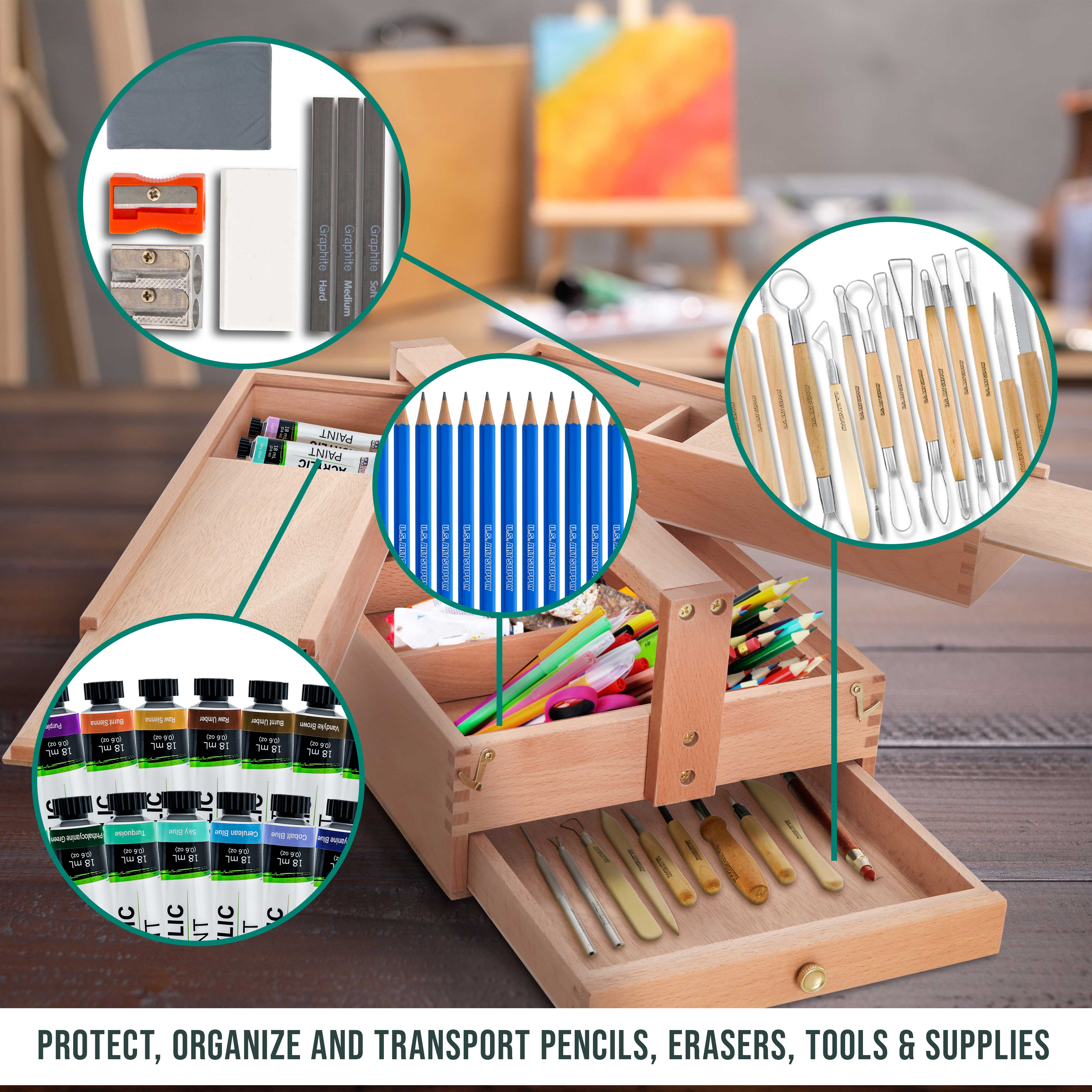 Multi-Function Unfinished Beechwood Artist Tool Storage Box with Drawer & Locking Clasps - Organize Paints, Pastels, Pencils, Brushes & Art Supplies - Perfect for Studio, Classroom & Travel