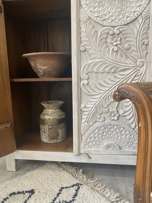 Hand Carved Wooden Armoire - White Indian Wardrobe for Bedroom & Living Room Storage | Traditional Handcrafted Wood Closet Organizer