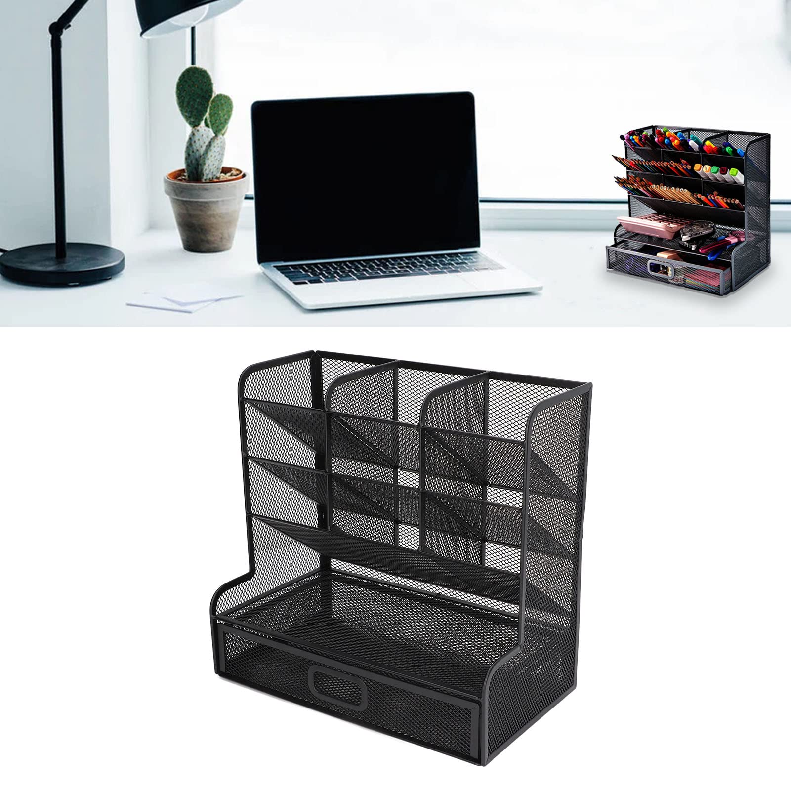 Omabeta Mesh Storage Basket Organizer - 9 Compartment Tilt Design Pen & Pencil Holder with Vertical Structure for Desk Drawer Organization | Perfect for Office, School & Home Office Supplies Storage