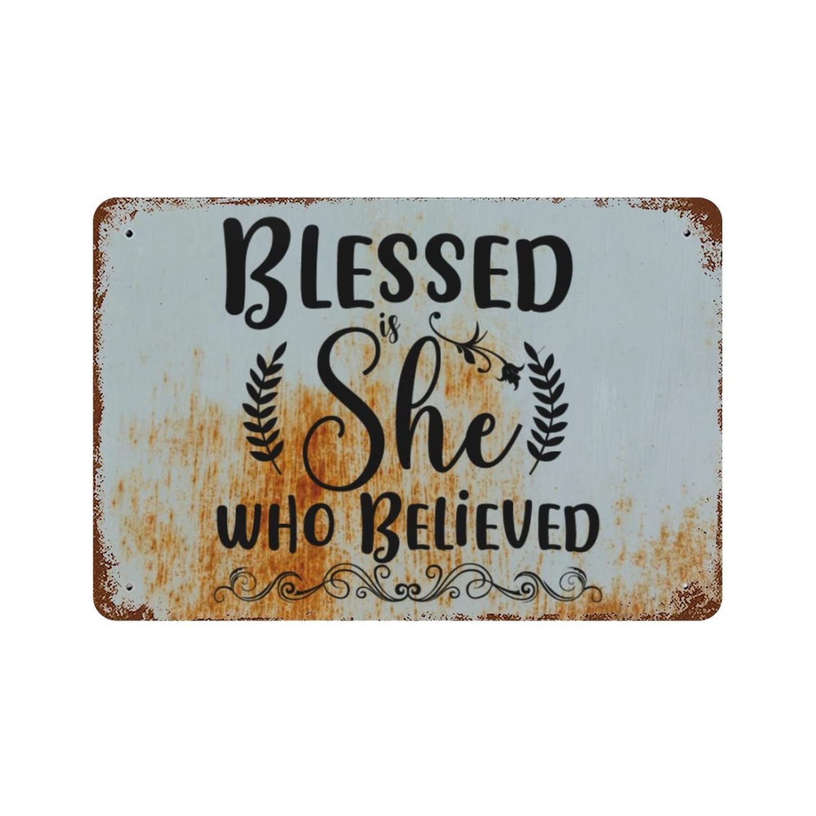 Blessed is She Who Believed Metal Sign - Bible Verse Wall Art Plaque with Christian Religious Quotes - Jesus Home Decor for Living Room, Bedroom, Porch - Perfect Housewarming Gift for Women