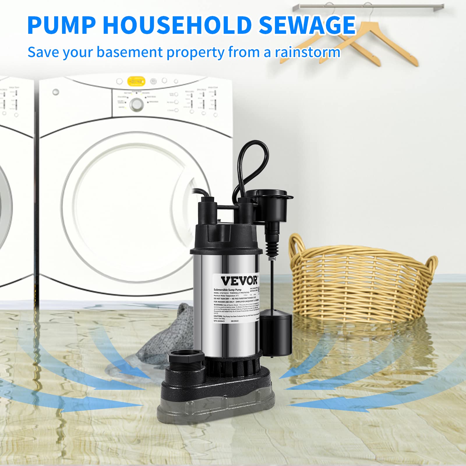 VEVOR 1.5 HP Submersible Sump Pump 6000 GPH - Cast Iron & Steel Construction with Vertical Float Switch - Heavy Duty Water Pump for Basement, Flooding Areas, Crawl Spaces & Emergency Water Removal