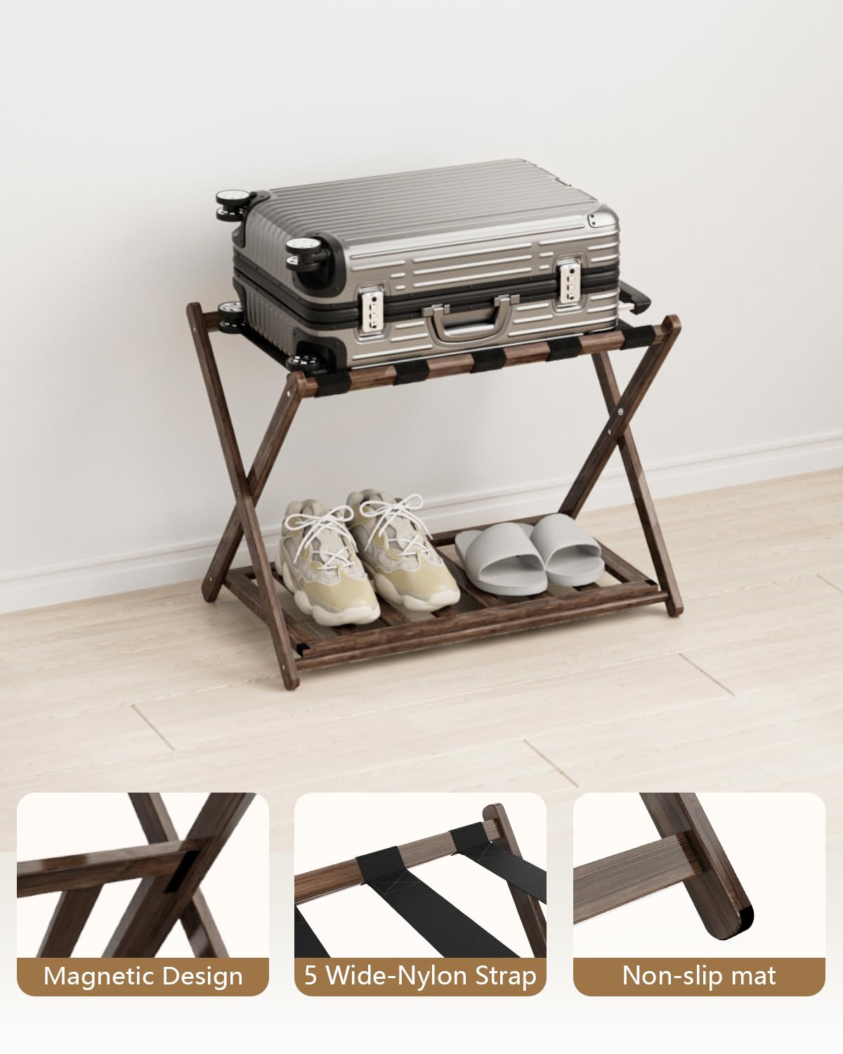 Foldable Bamboo Luggage Rack with Storage Shelf - 5 Nylon Straps for Secure Holding - Space-Saving Suitcase Stand for Guest Rooms, Bedrooms & Hotels - Perfect for Travel Storage & Home Organization (Brown)