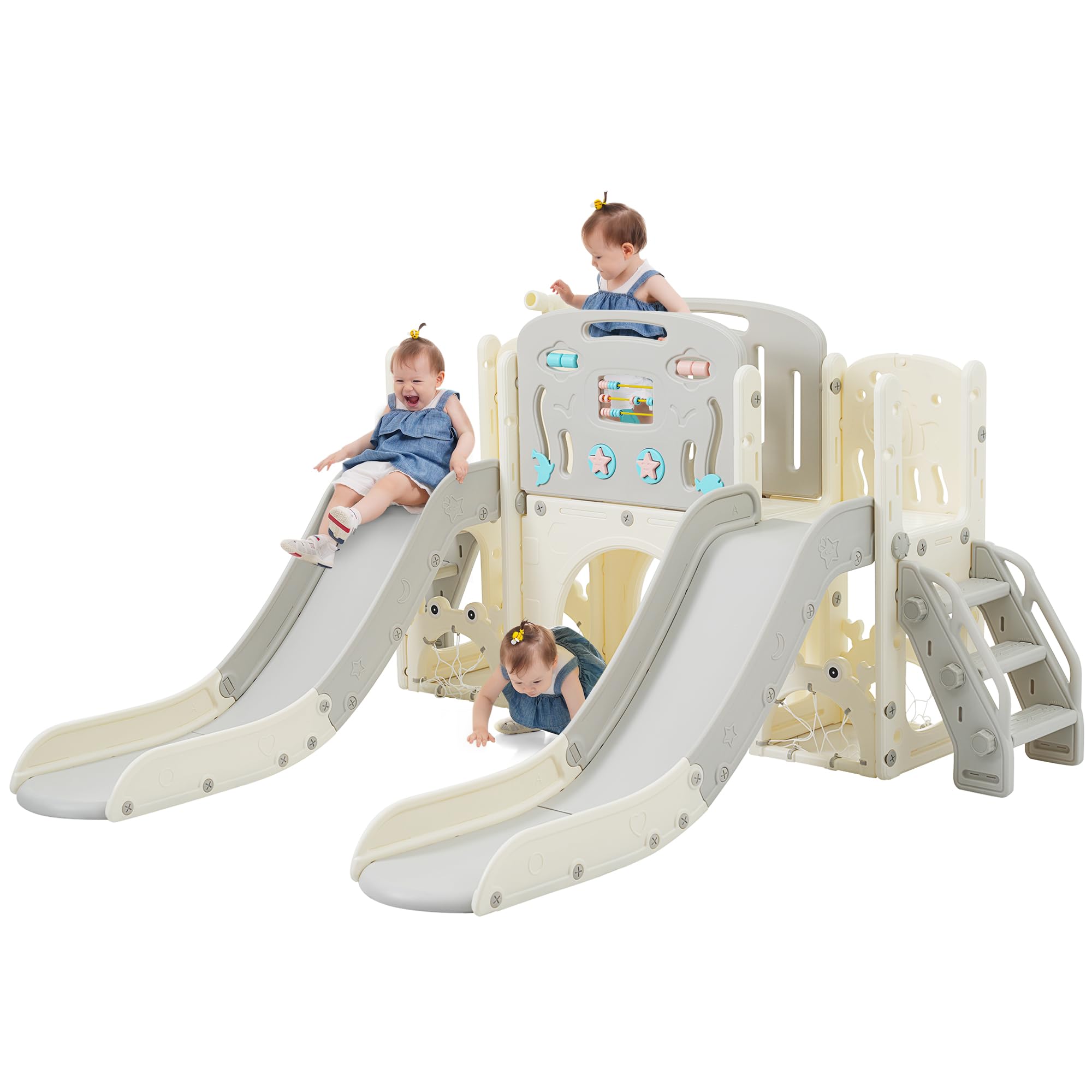 8-in-1 Toddler Double Slide Playset with Football Net & Telescope - Indoor/Outdoor Baby Slide for Kids Ages 1-5 Years - Perfect for Backyards, Playrooms & Daycare Centers