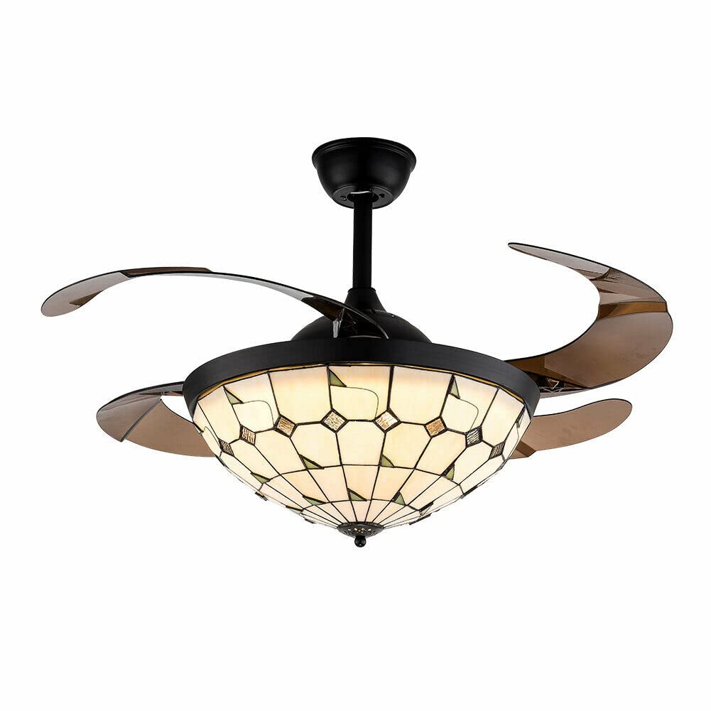 42 Inch Multi-Color LED Chandelier Ceiling Fan with Remote Control - 4 Retractable Blades, Adjustable Height, Round Arch Lamp Cover - Perfect for Living Room, Bedroom, Dining Room & Home Decor
