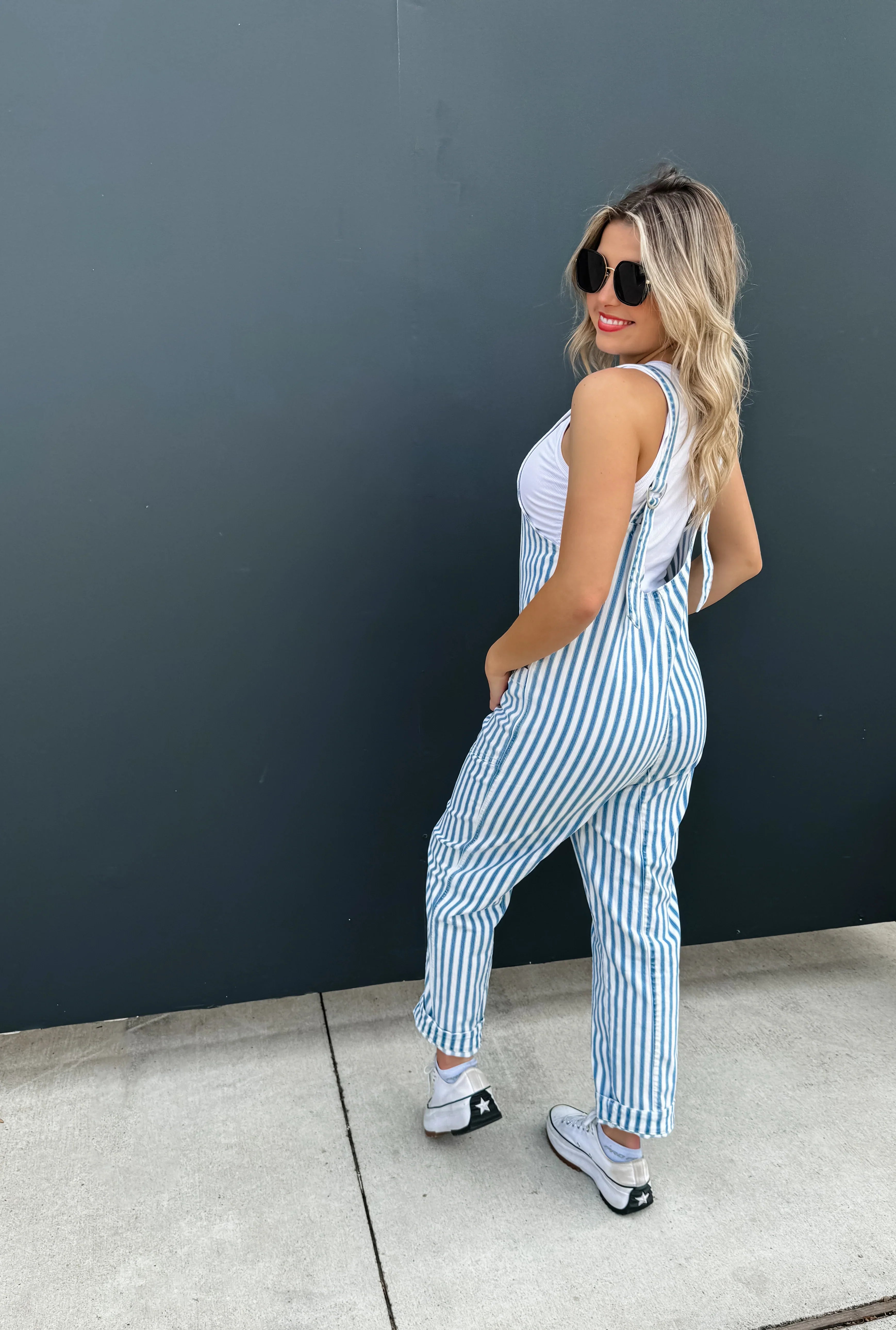 Blue Stripe Britte Romper Overalls for Women - Cute Denim Jumpsuit with Adjustable Straps | Perfect for Summer Outfits, Casual Wear & Outdoor Activities
