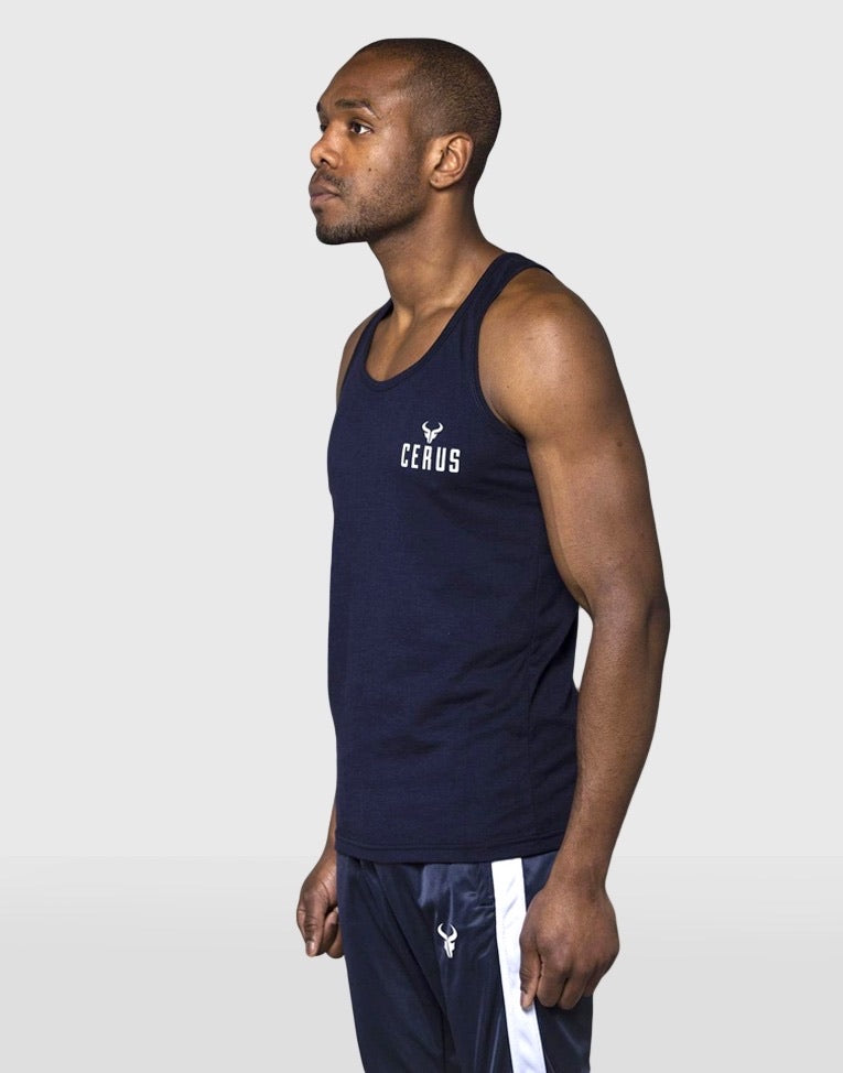 Cerus Navy Stringer Vest with White Small Print Logo - Lightweight & Breathable for Gym, Running & Outdoor Activities