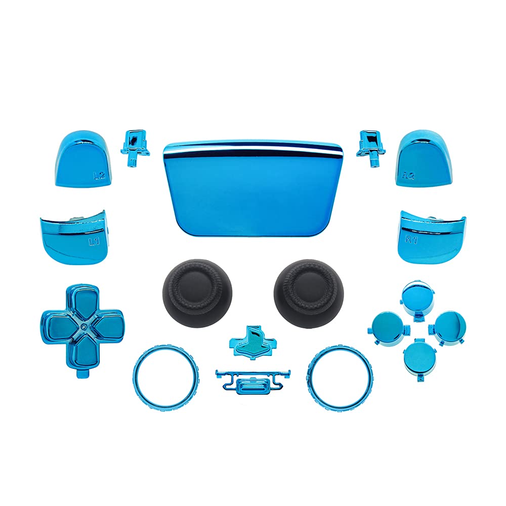 Chrome Blue PS5 Controller Button Set - Replacement D-Pad, R1 L1 R2 L2 Triggers, Touch Pad, Share/Options Buttons, Thumbsticks & Shell with Accent Rings for Playstation 5 - Perfect for Gaming, Customization & Controller Repair