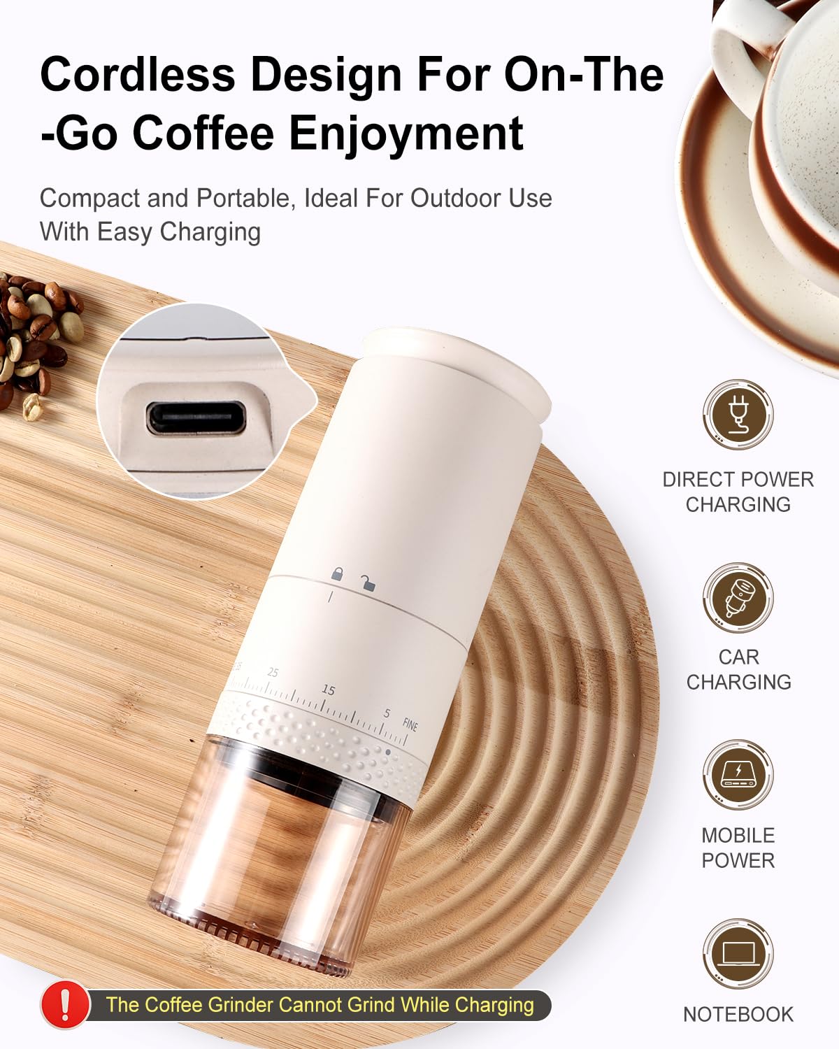 Portable Electric Stainless Steel Coffee Grinder - Rechargeable Cordless Espresso Grinder with 38 Adjustable Settings & Battery Display - Perfect for Travel, Camping, and Home Brewing