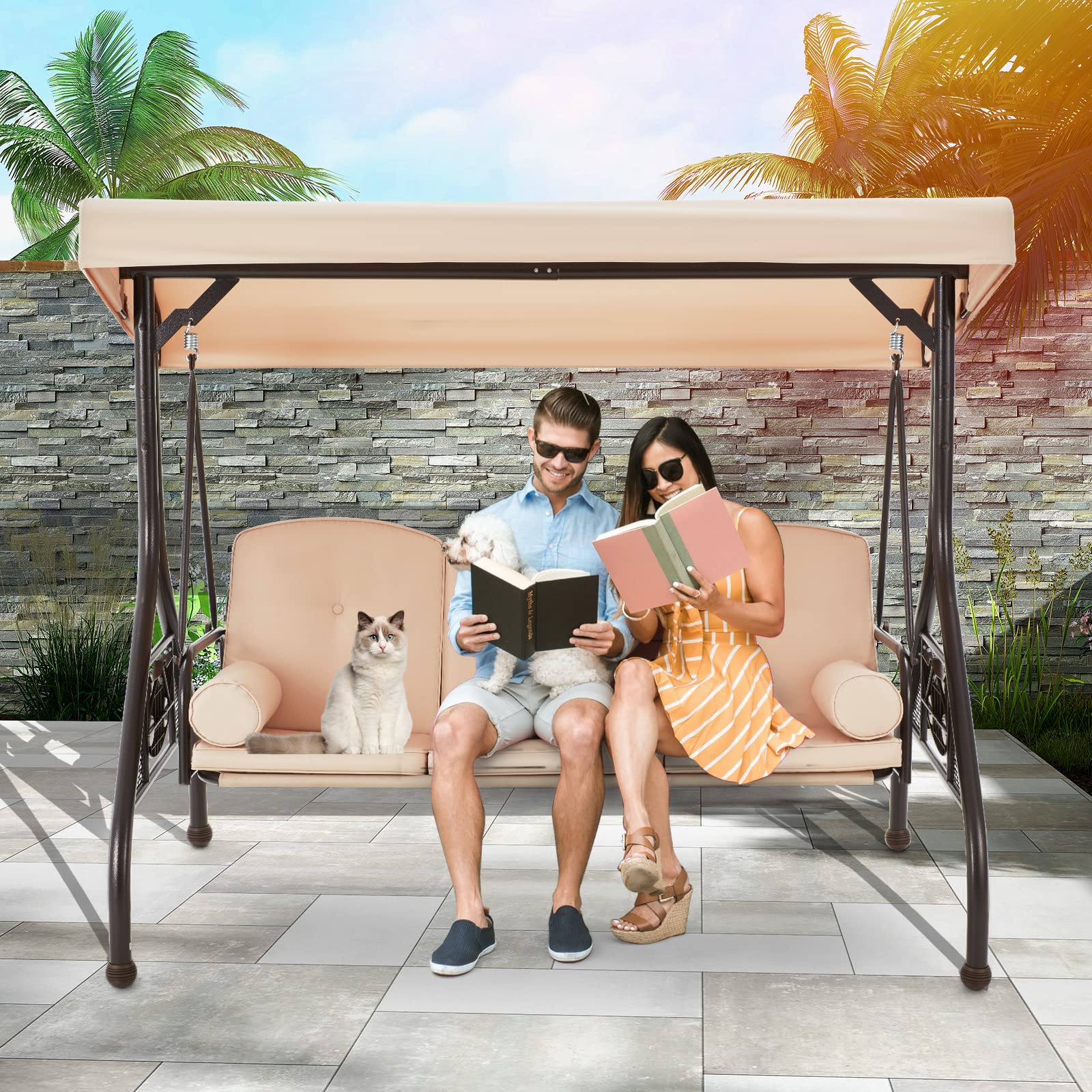 HOMREST 3-Seat Outdoor Porch Swing with Adjustable Canopy - Convertible Patio Swing Bed with Stand - Heavy-Duty Glider Swing with Upgraded Cup Holders, Thickened Cushions & Pillows - Perfect for Backyard, Garden, Deck or Patio Relaxation (Khaki)