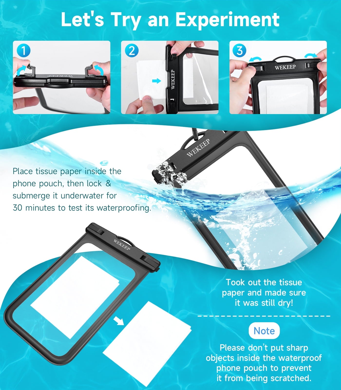 WEKEEP Waterproof Phone Pouch 2 Pack - IPX8 Certified Cellphone Dry Bag for Swimming, Beach, Cruise & Outdoor Activities - Universal Fit for iPhone Samsung - Essential Waterproof Phone Case (Black/Teal)