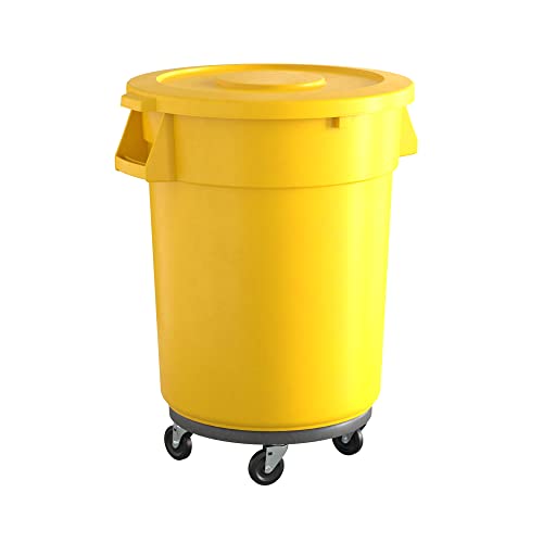 32 Gallon Yellow Commercial Trash Can with Lid & Wheels - Heavy-Duty Round Garbage Bin for Restaurants, Offices & Outdoor Use - Krollen Industrial Dolly Included