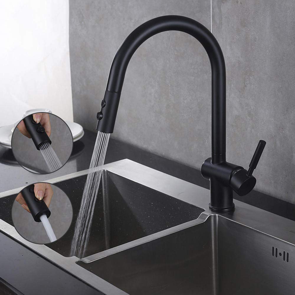 Black Pull Down Kitchen Faucet with Dual Function Sprayer - Brass Telescopic Sink Faucet for Hot & Cold Water - Perfect for Modern Kitchens & Bar Sinks