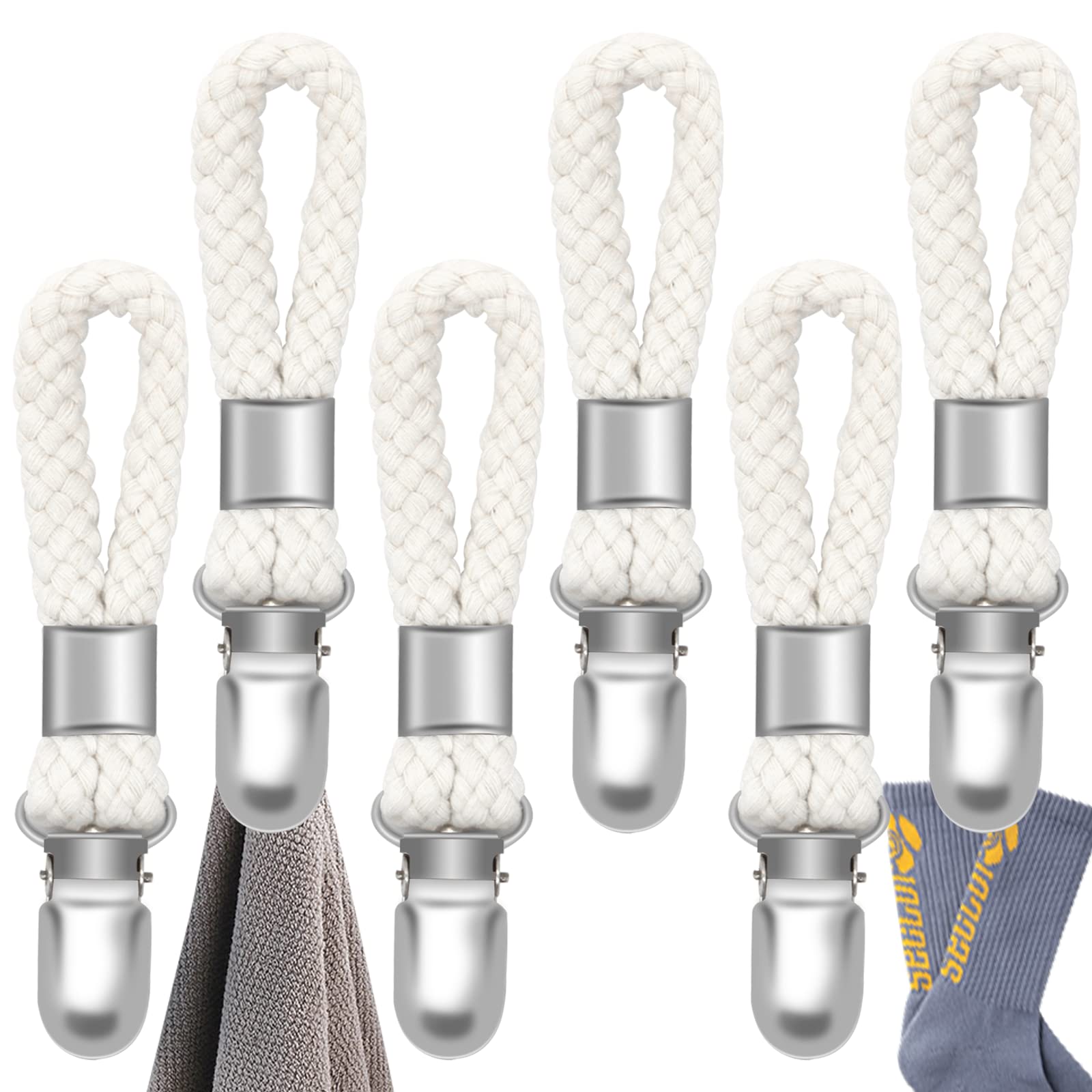 6 Pack Braided Cotton Loop Towel Hangers with Metal Clip - Durable Kitchen & Bathroom Towel Hook Holder for Hand Towels, Tea Towels - Ivory (Perfect for Organizing Kitchen, Bathroom, Laundry Room)