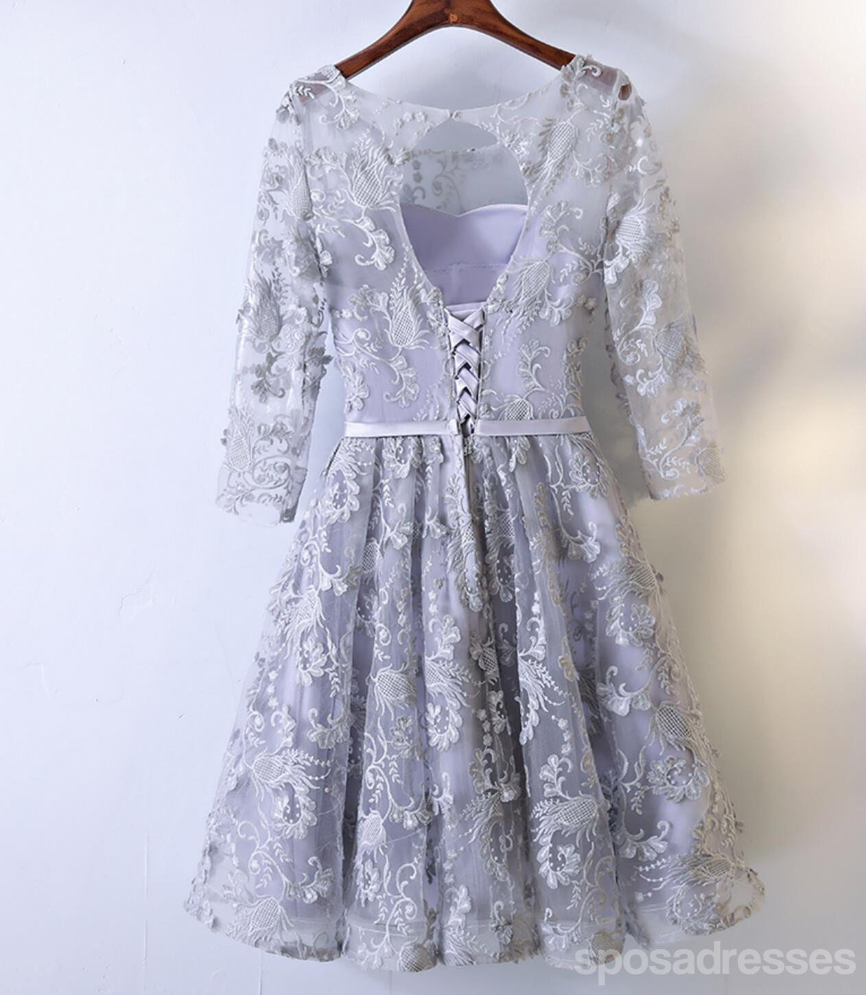 2017 Gray Lace Long Sleeve Round Neck Prom Dress with Corset Back - Affordable Homecoming Party Dress for Women - Perfect for Formal Dances, Weddings & Special Occasions - CM250