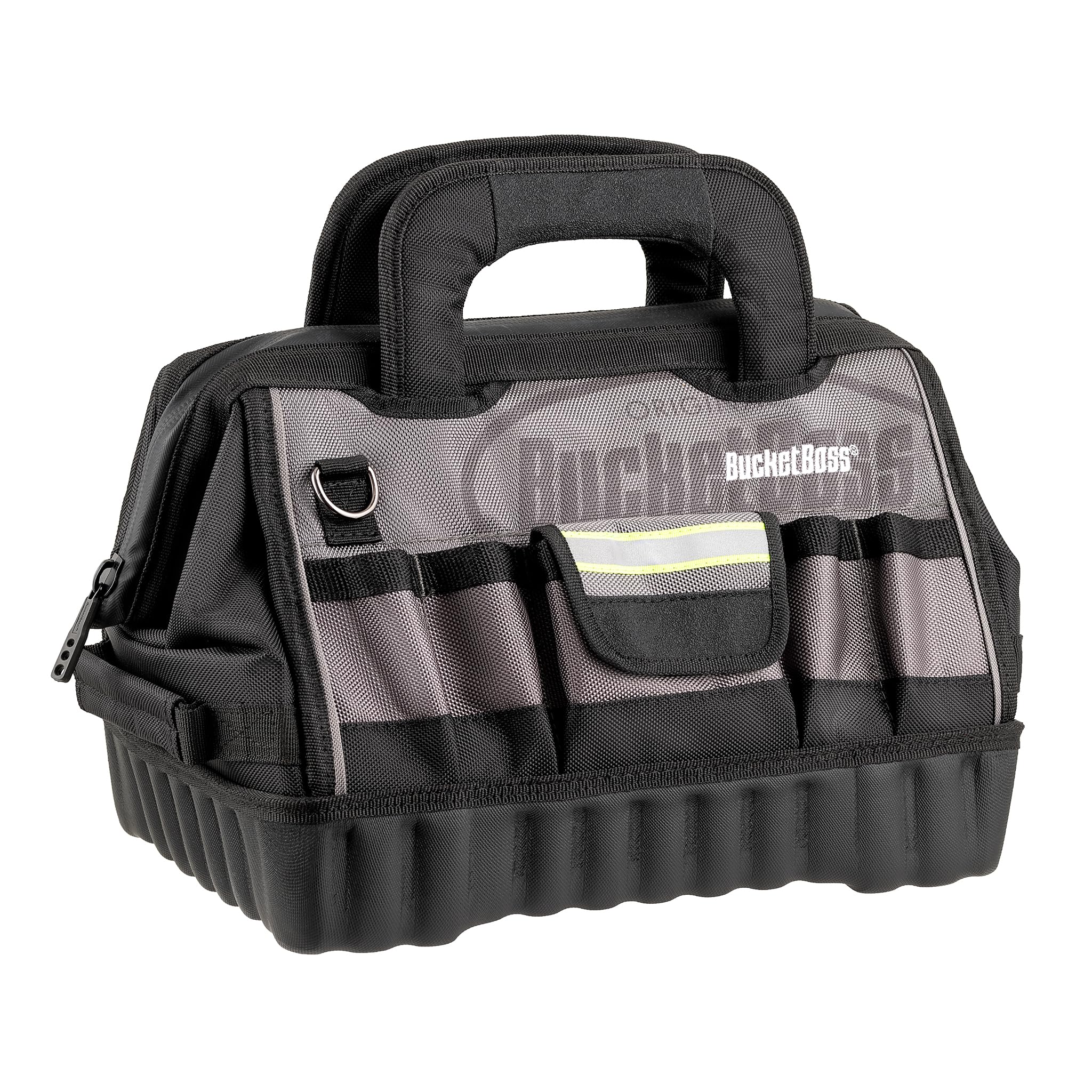 Bucket Boss 14 HV Pro Tool Bag - Professional Series (65114-HV) Grey & Black 14 Inch Heavy Duty Tool Organizer for Electricians, Contractors & DIY Home Improvement Projects