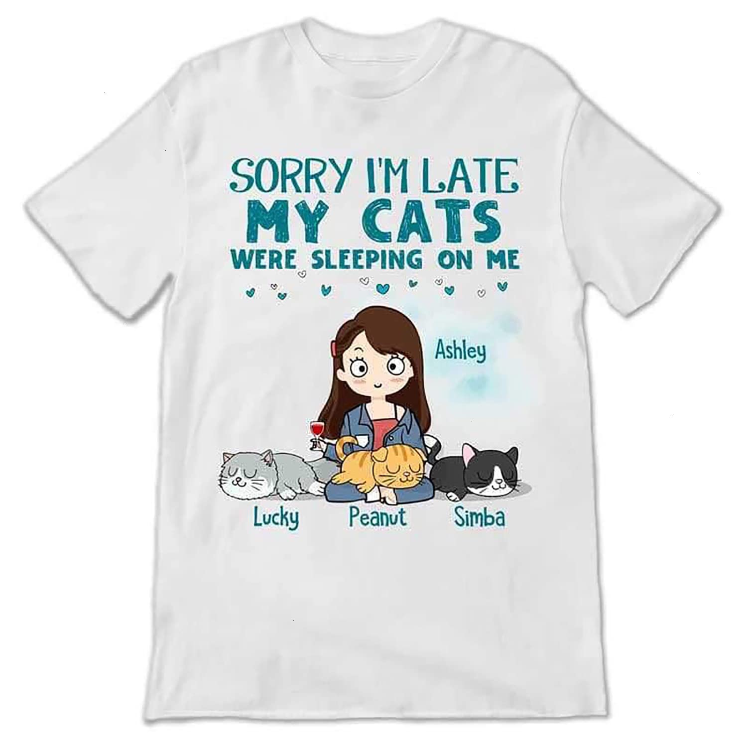 Custom 'Sorry I'm Late My Cat Was Sleeping On Me' T-Shirt - Personalized Cat Name & Funny Cat Mom Gift - Perfect for Mother's Day Matching Outfits - Great for Cat Lovers, Pet Owners & Humorous Gift Occasions