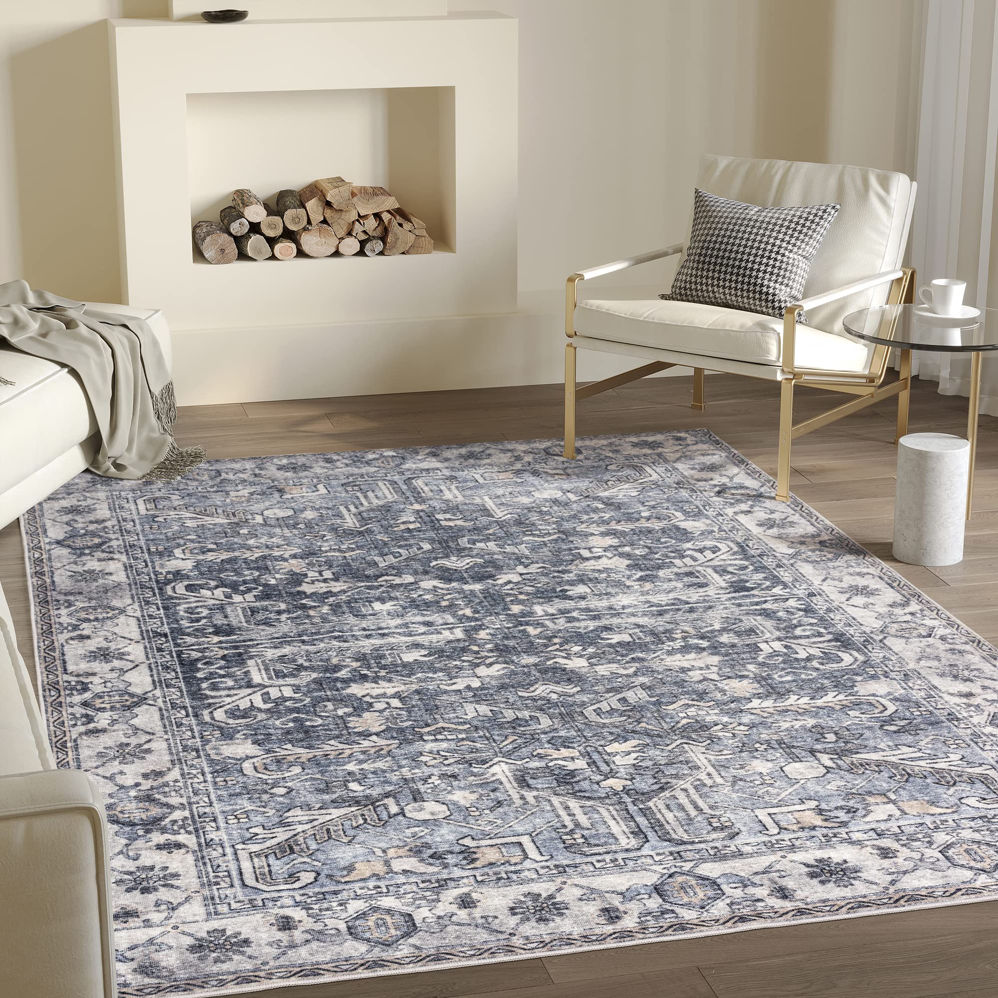 Valenrug Washable Rug 8x10 - Ultra-Thin Antique Collection Area Rug, Stain Resistant & Durable for Living Room, Bedroom, Office | Distressed Persian Boho Design (Blue, 8'x10') | Perfect for Home Decor, Boho Chic Style & High Traffic Areas